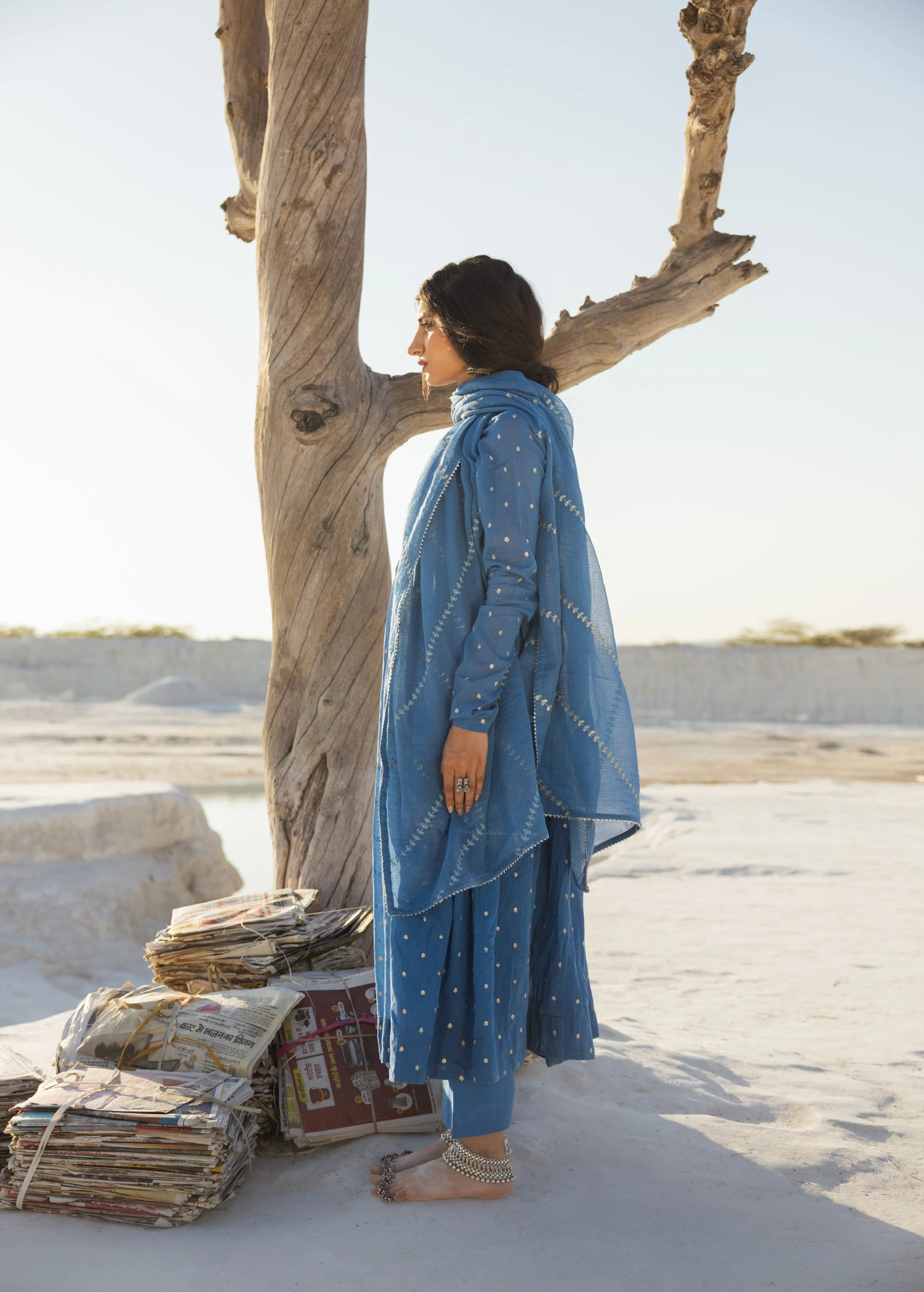 Slate Blue Embellished Mul Cotton Anarkali Set - Image 3
