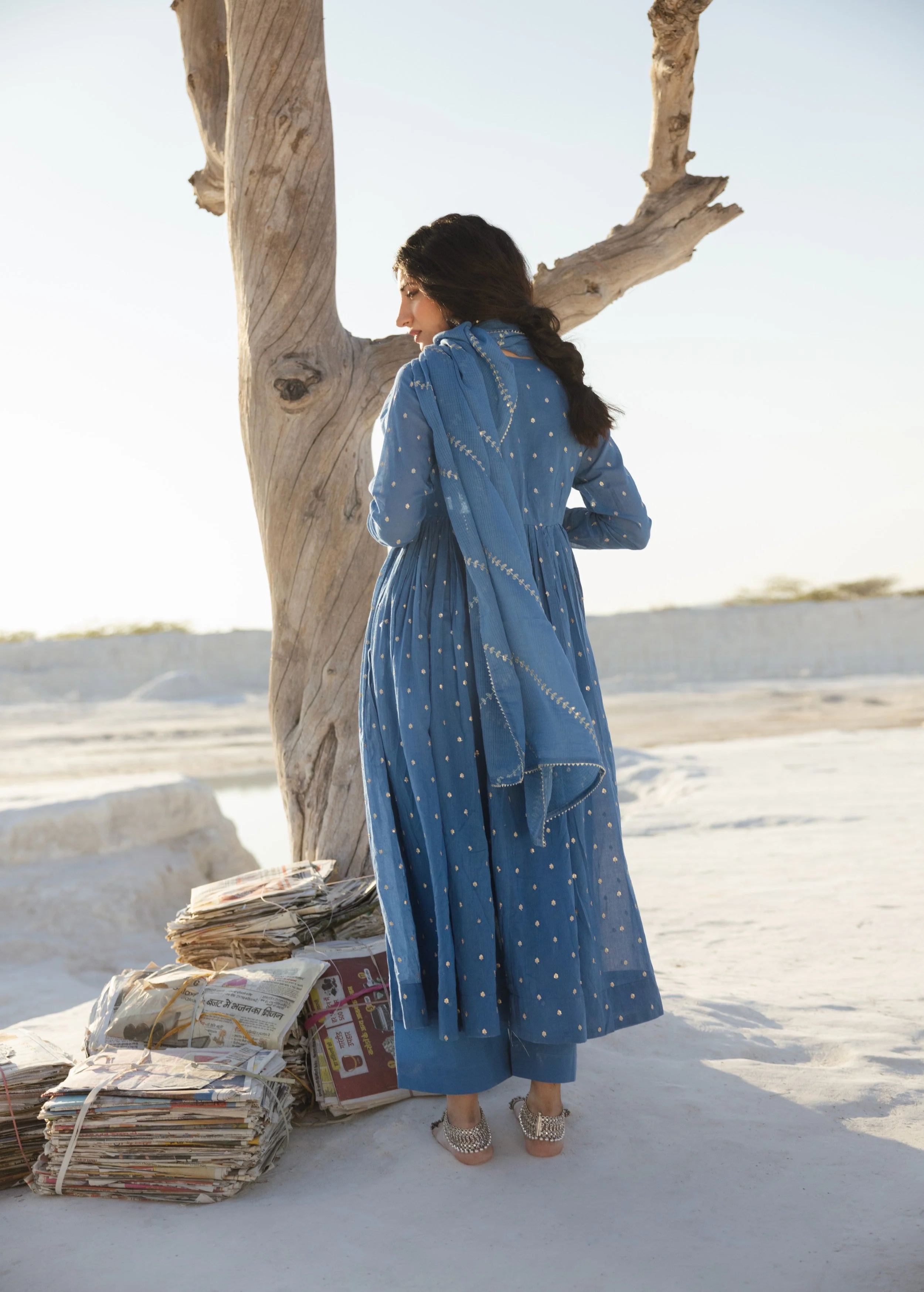 Slate Blue Embellished Mul Cotton Anarkali Set - Image 4