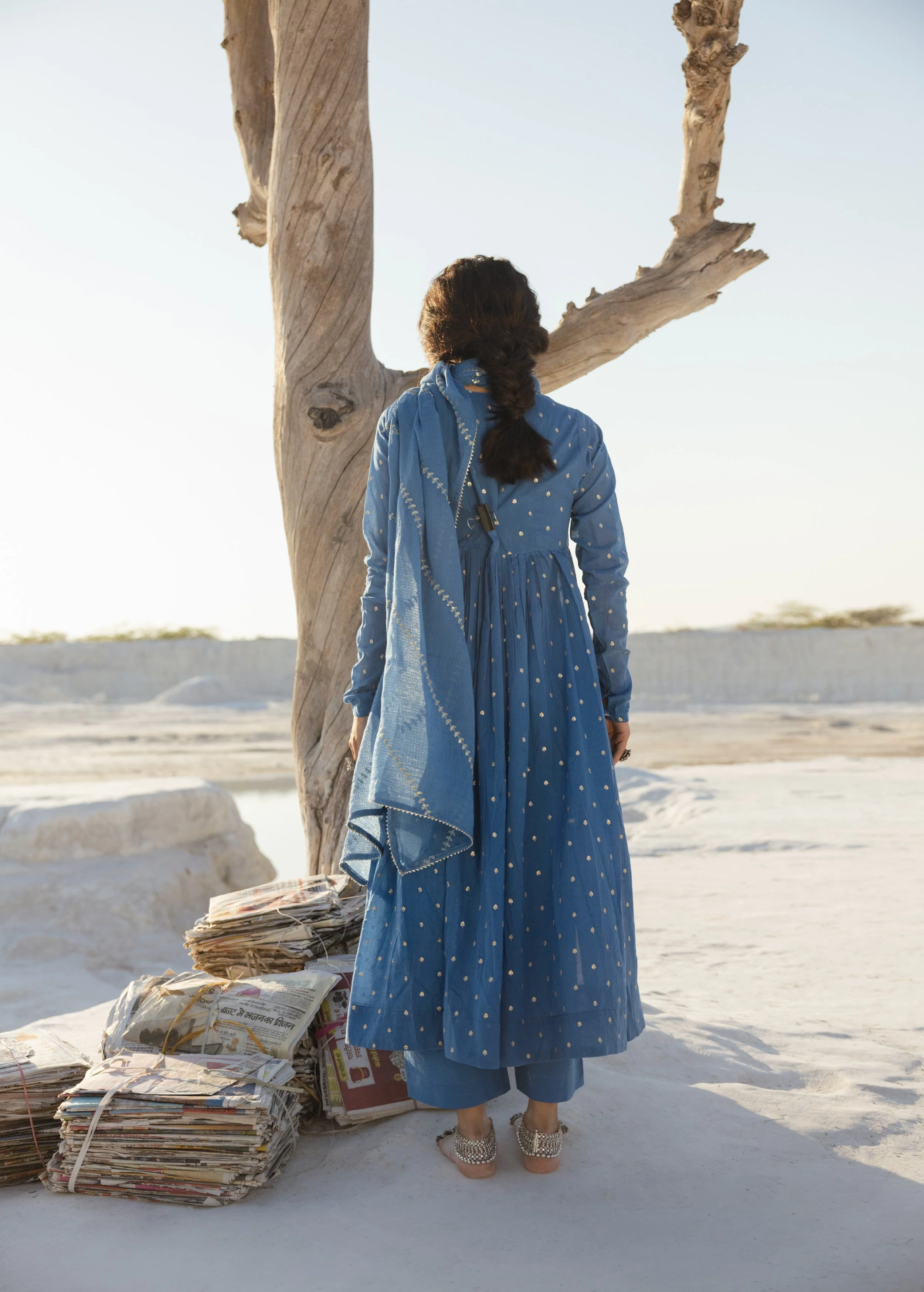 Slate Blue Embellished Mul Cotton Anarkali Set - Image 5