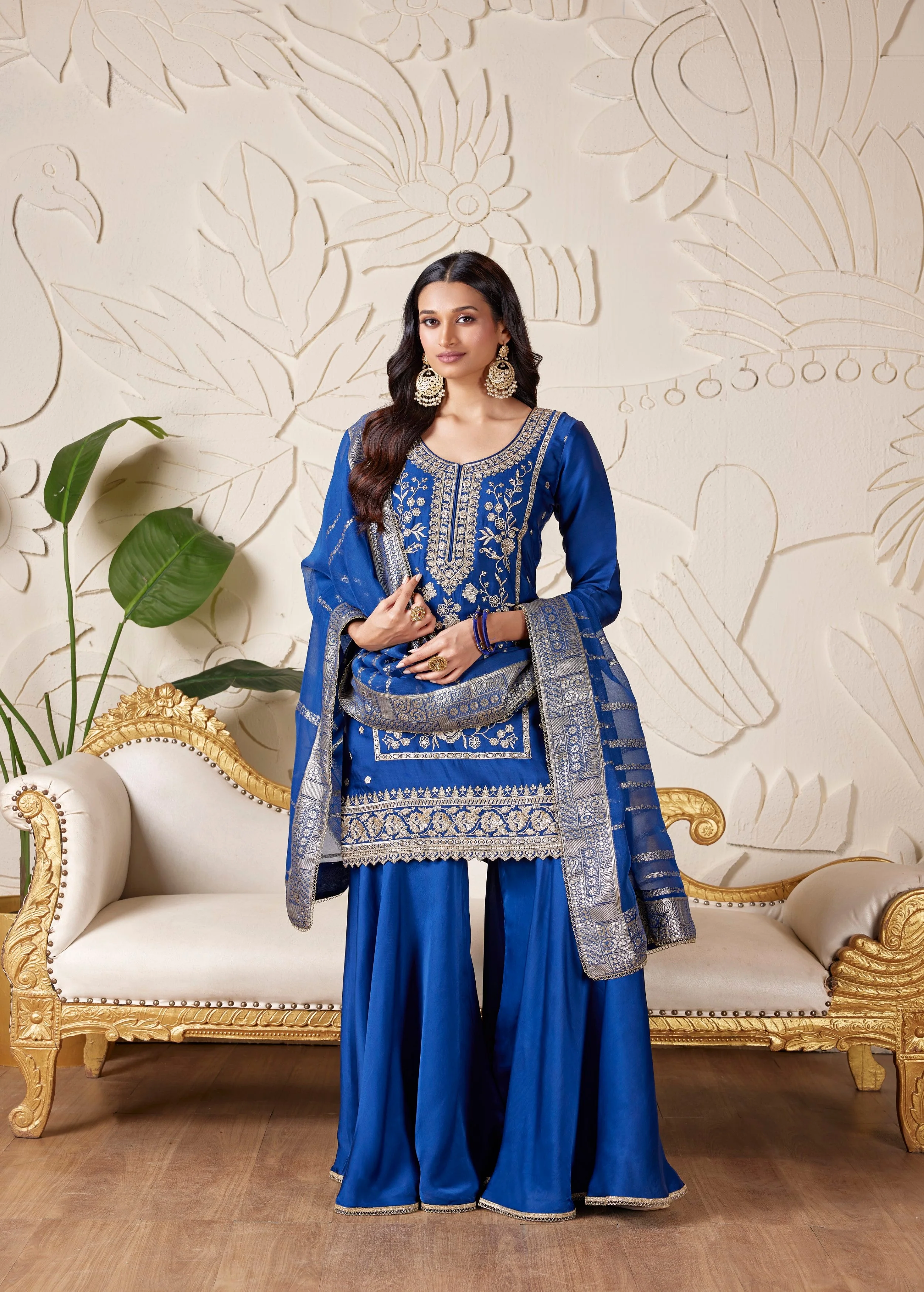 Royal Blue Embellished Premium Silk Palazzo Set - Image 2