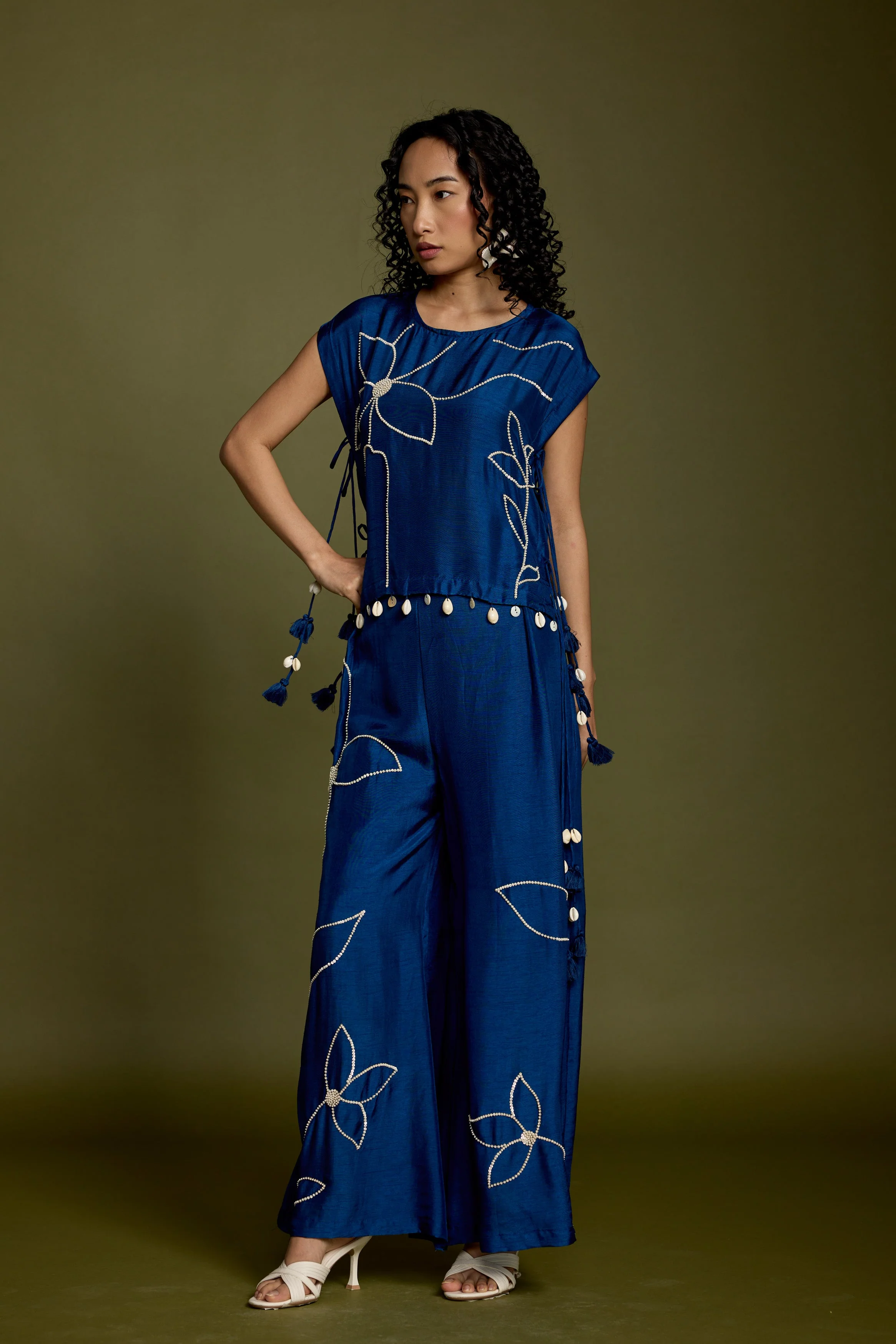 Royal Blue Embellished Raw Silk Co-ord Set - Image 4