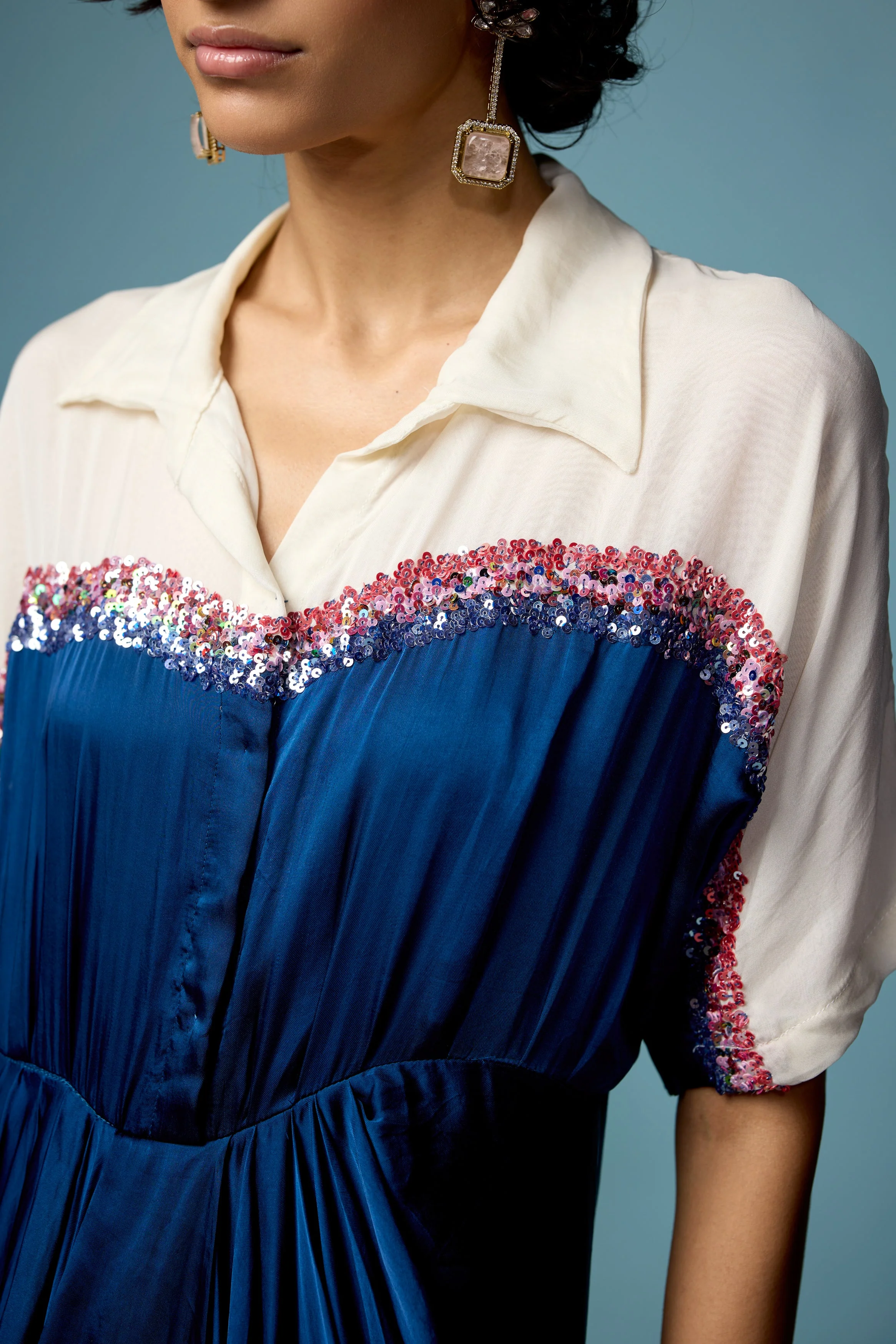 Royal Blue Embellished Satin Silk Dress - Image 2