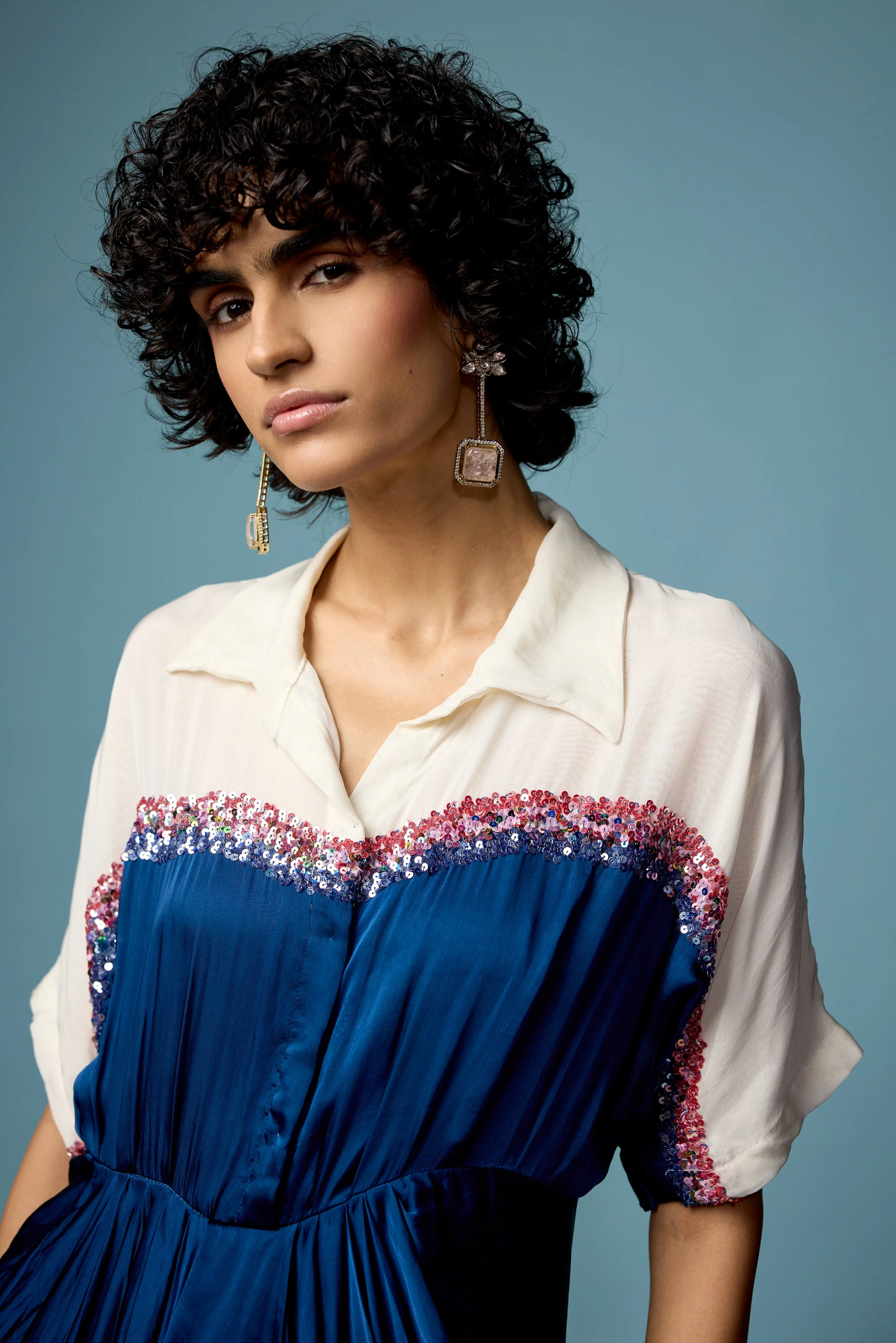 Royal Blue Embellished Satin Silk Dress - Image 3