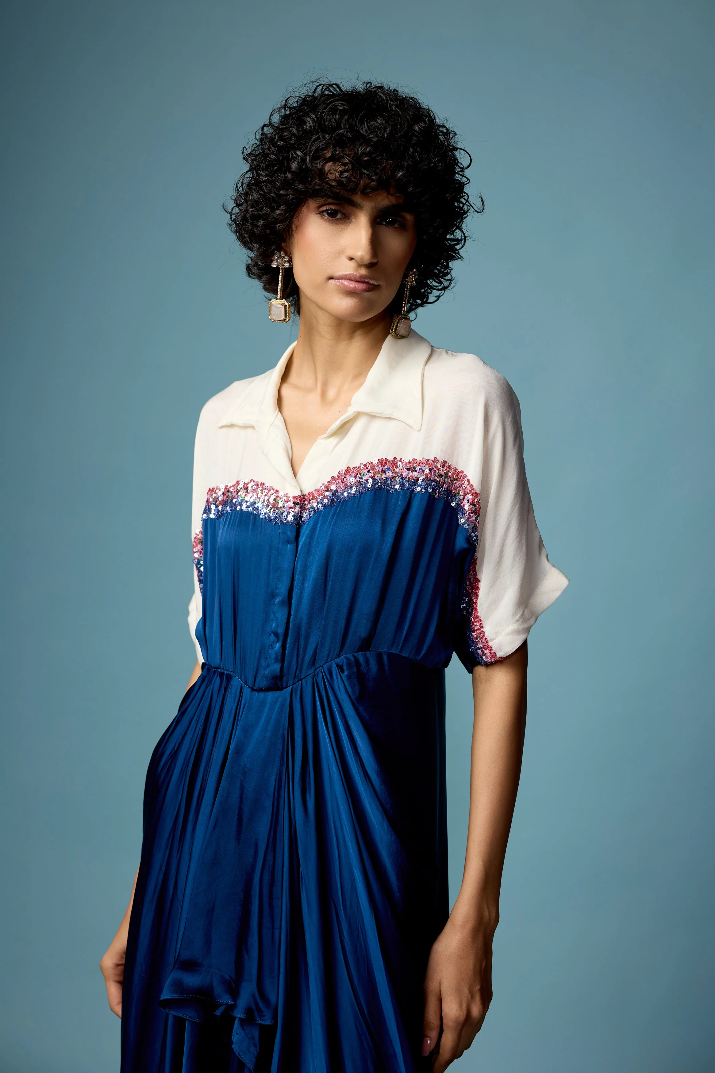 Royal Blue Embellished Satin Silk Dress - Image 4
