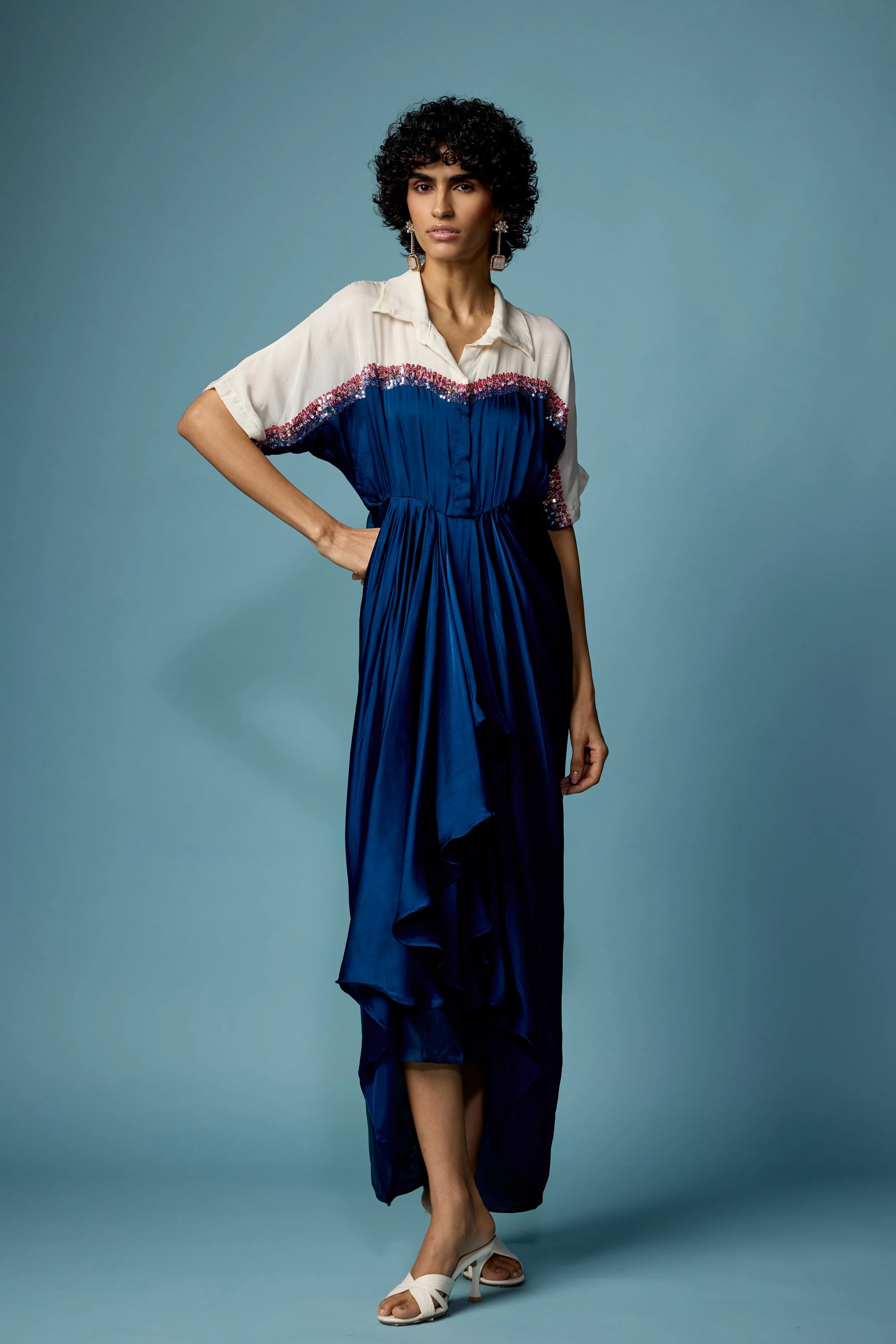 Royal Blue Embellished Satin Silk Dress - Image 5