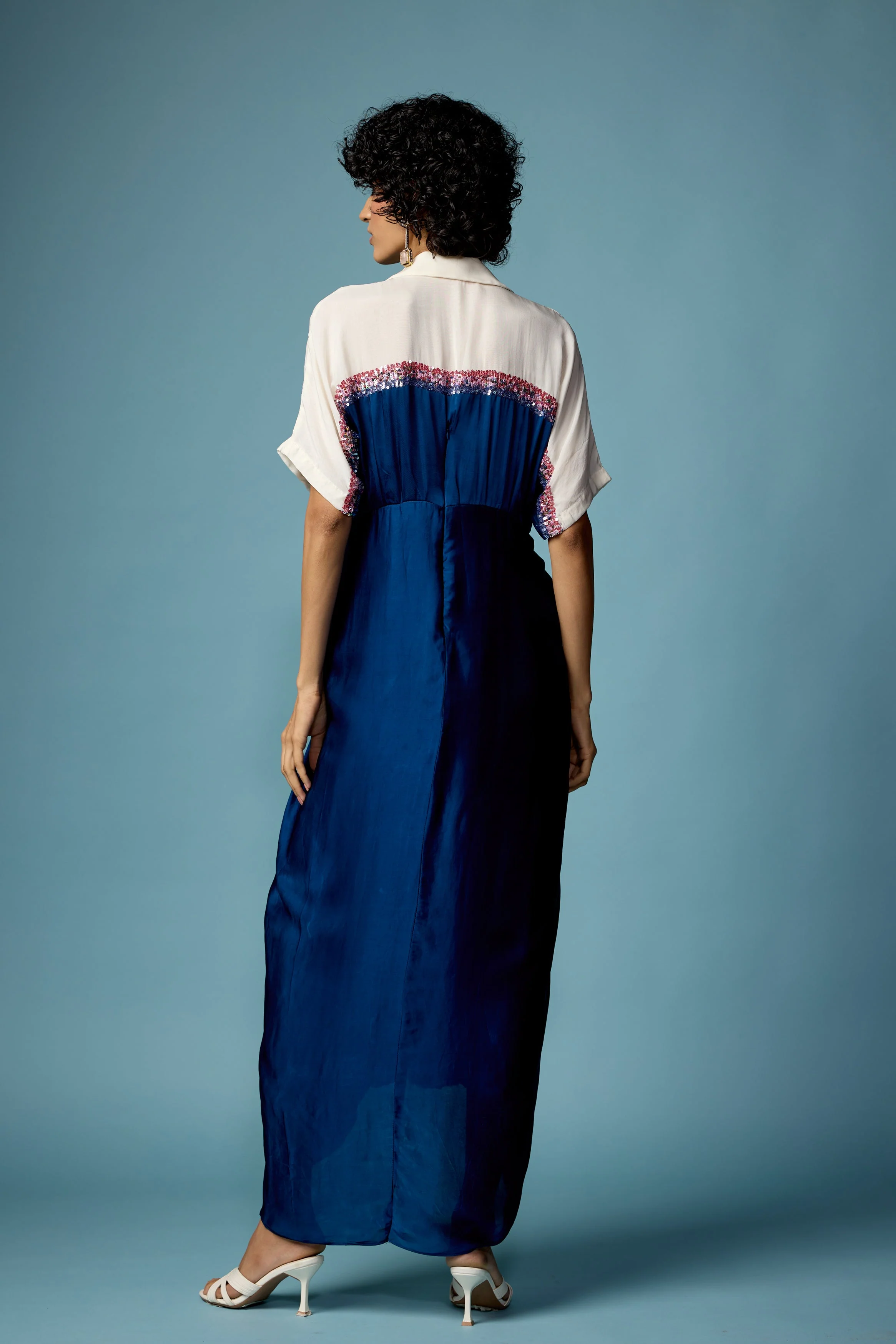 Royal Blue Embellished Satin Silk Dress - Image 6
