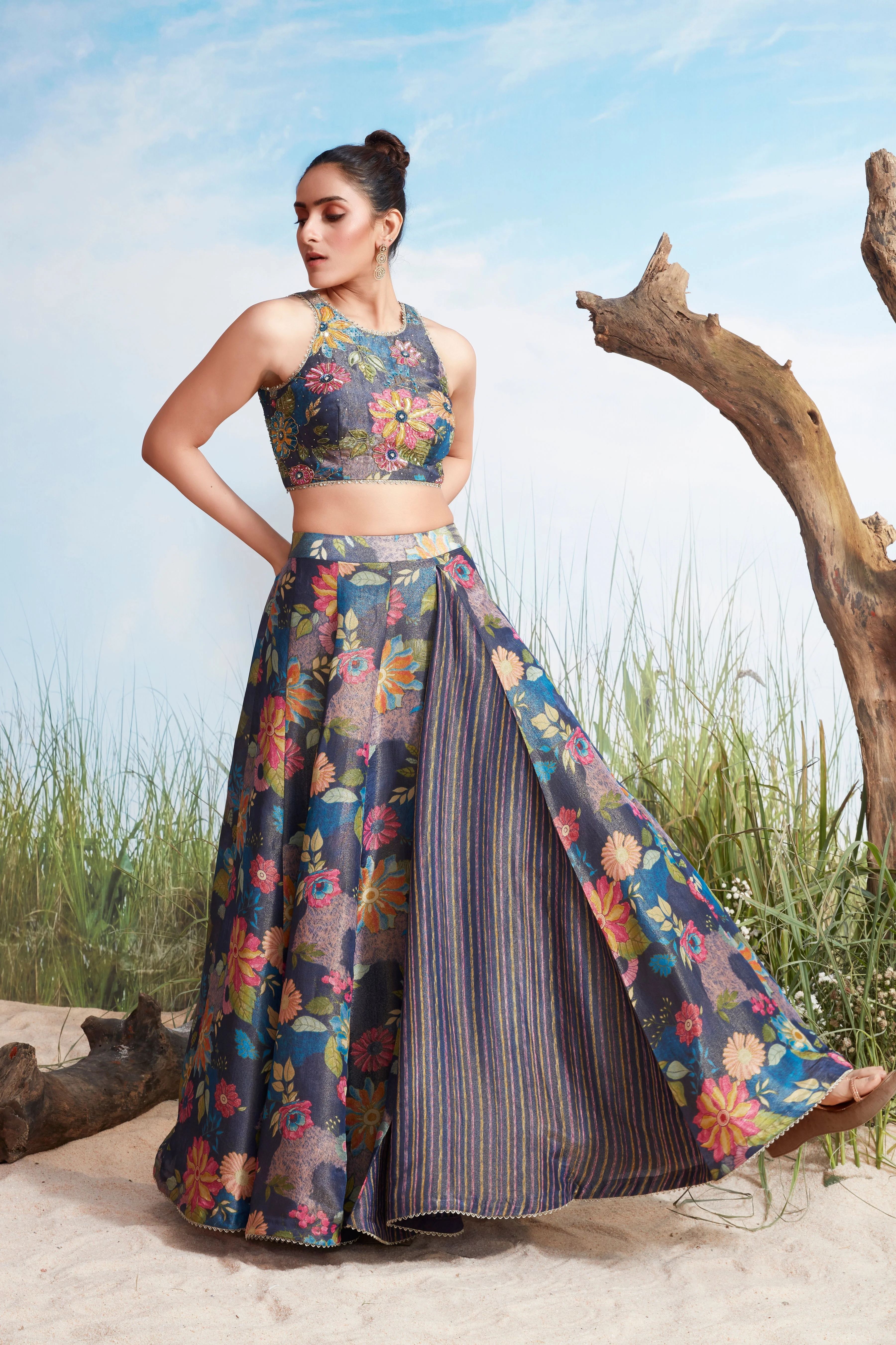 Royal Blue Embellished Shimmer Tissue Silk Lehenga Set - Image 2