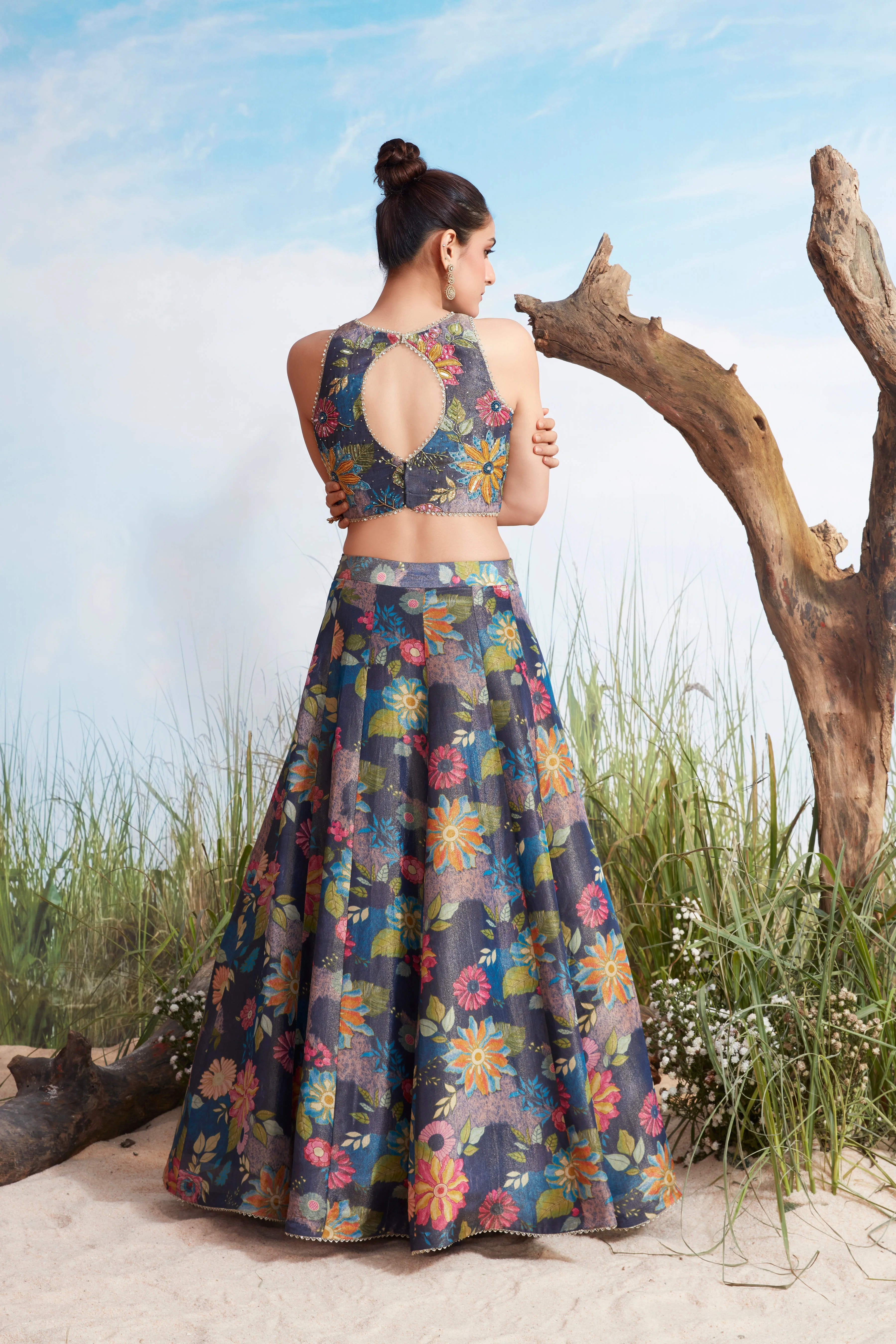 Royal Blue Embellished Shimmer Tissue Silk Lehenga Set - Image 3