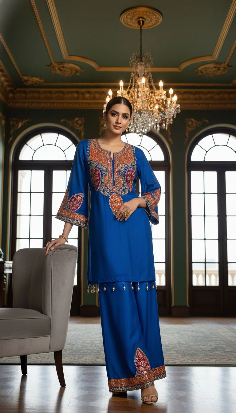 Royal Blue Embroidered Premium Silk Kurta Set - Image 2