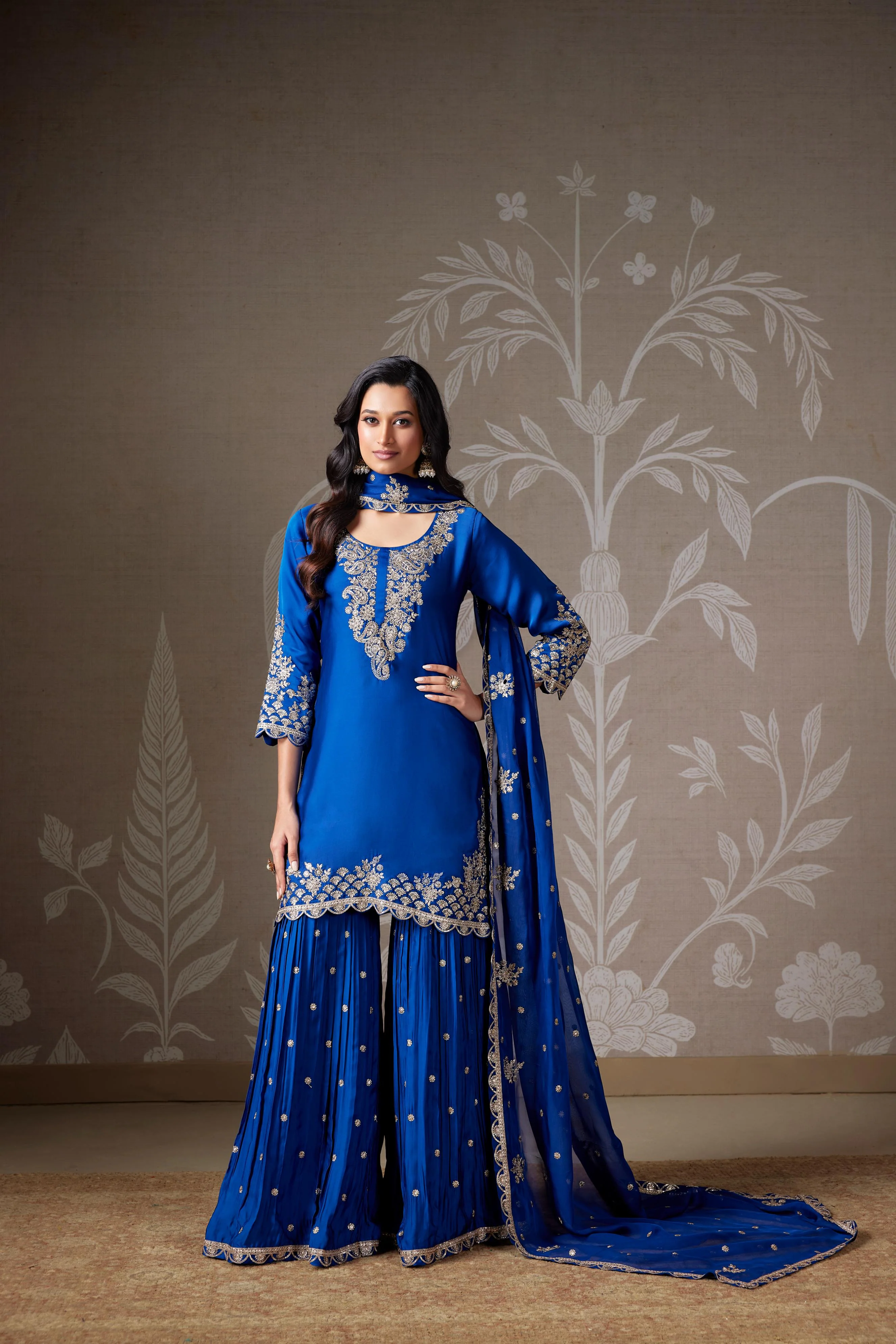 Royal Blue Zari Embellished Chinon Silk Sharara Set