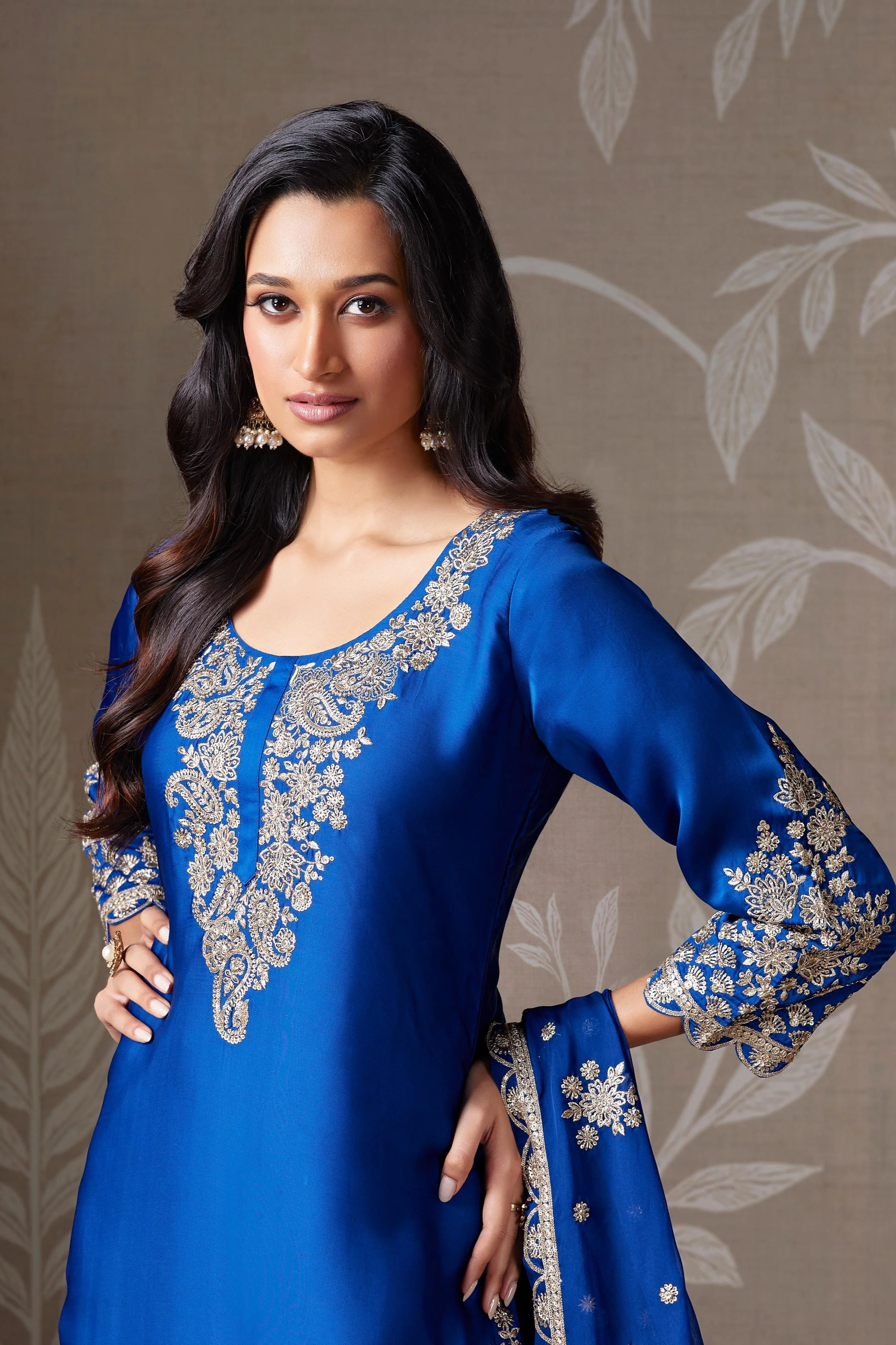 Royal Blue Zari Embellished Chinon Silk Sharara Set - Image 2