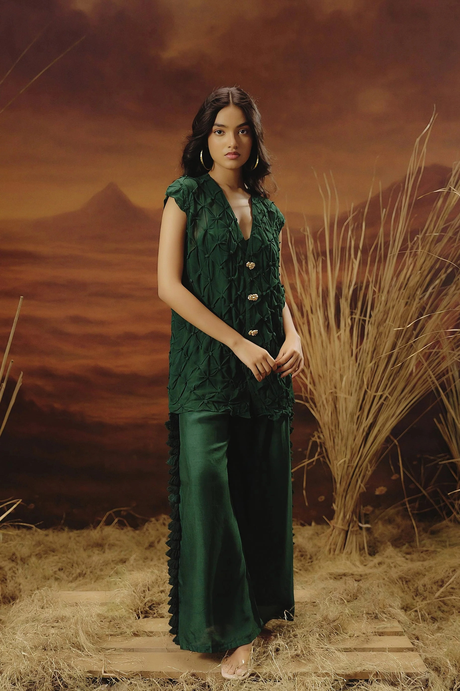 Royal Green Embroidered Raw Silk Co-Ord Set - Image 6