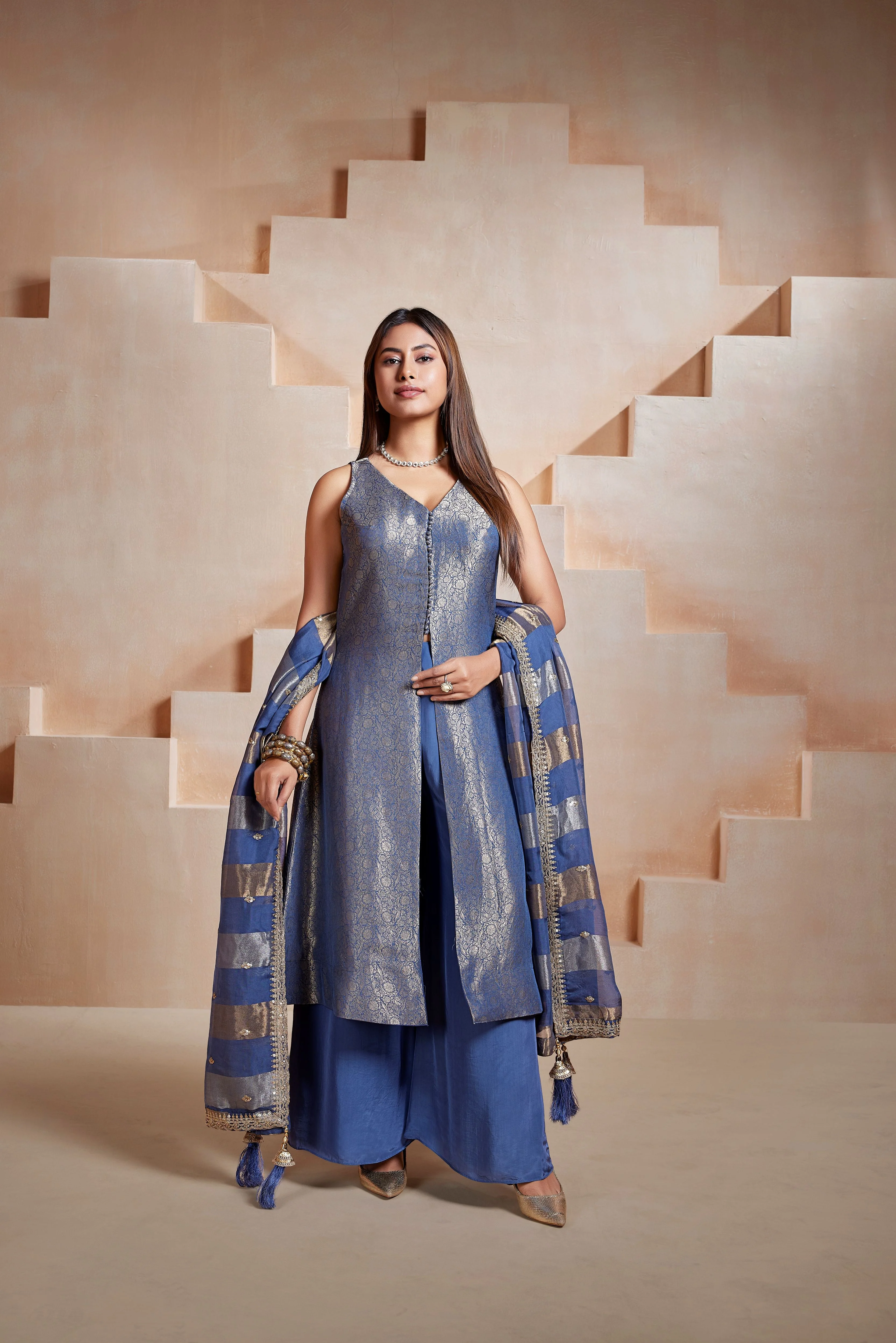 Royal Indigo Embellished Banarasi Silk Palazzo Set