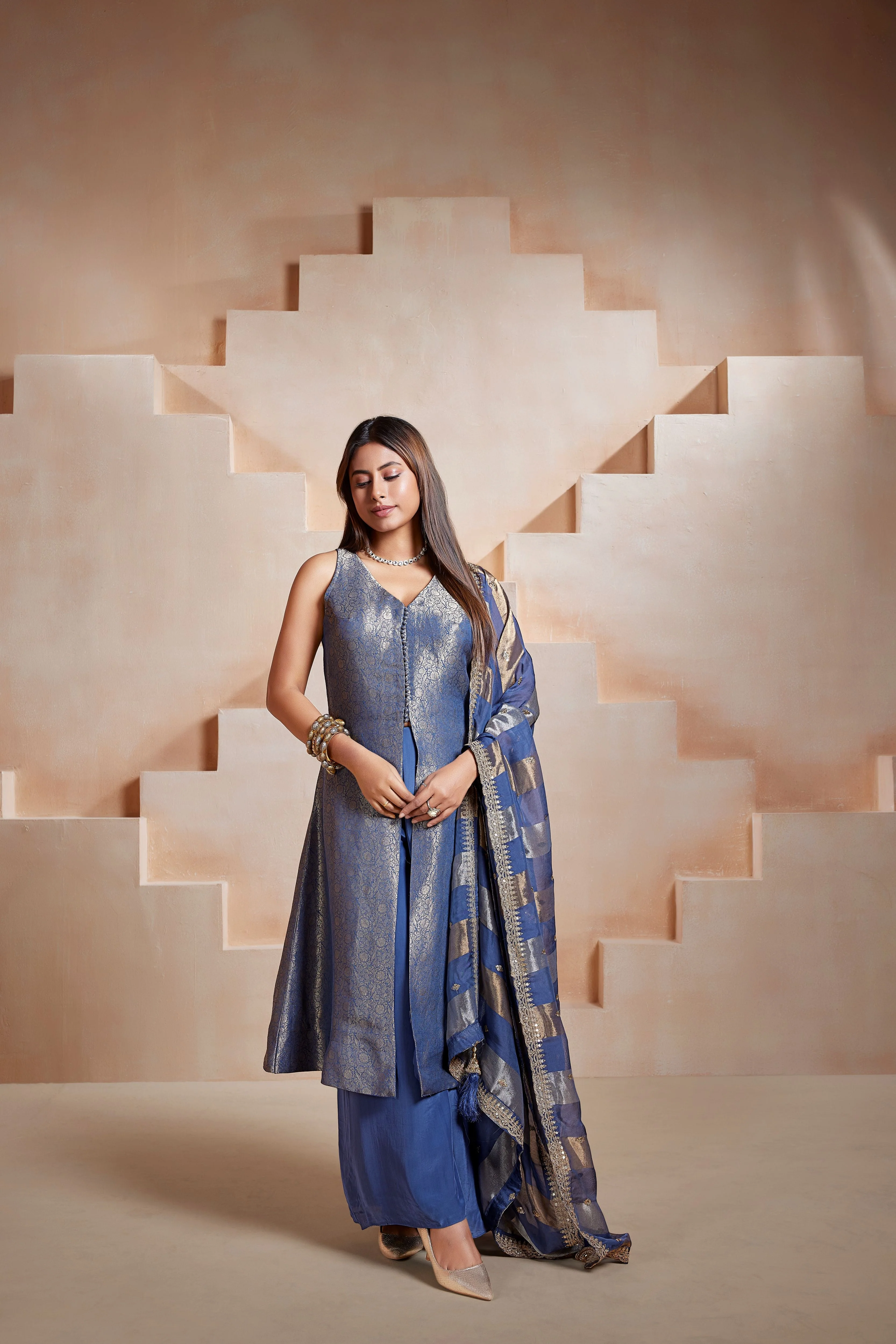 Royal Indigo Embellished Banarasi Silk Palazzo Set - Image 2