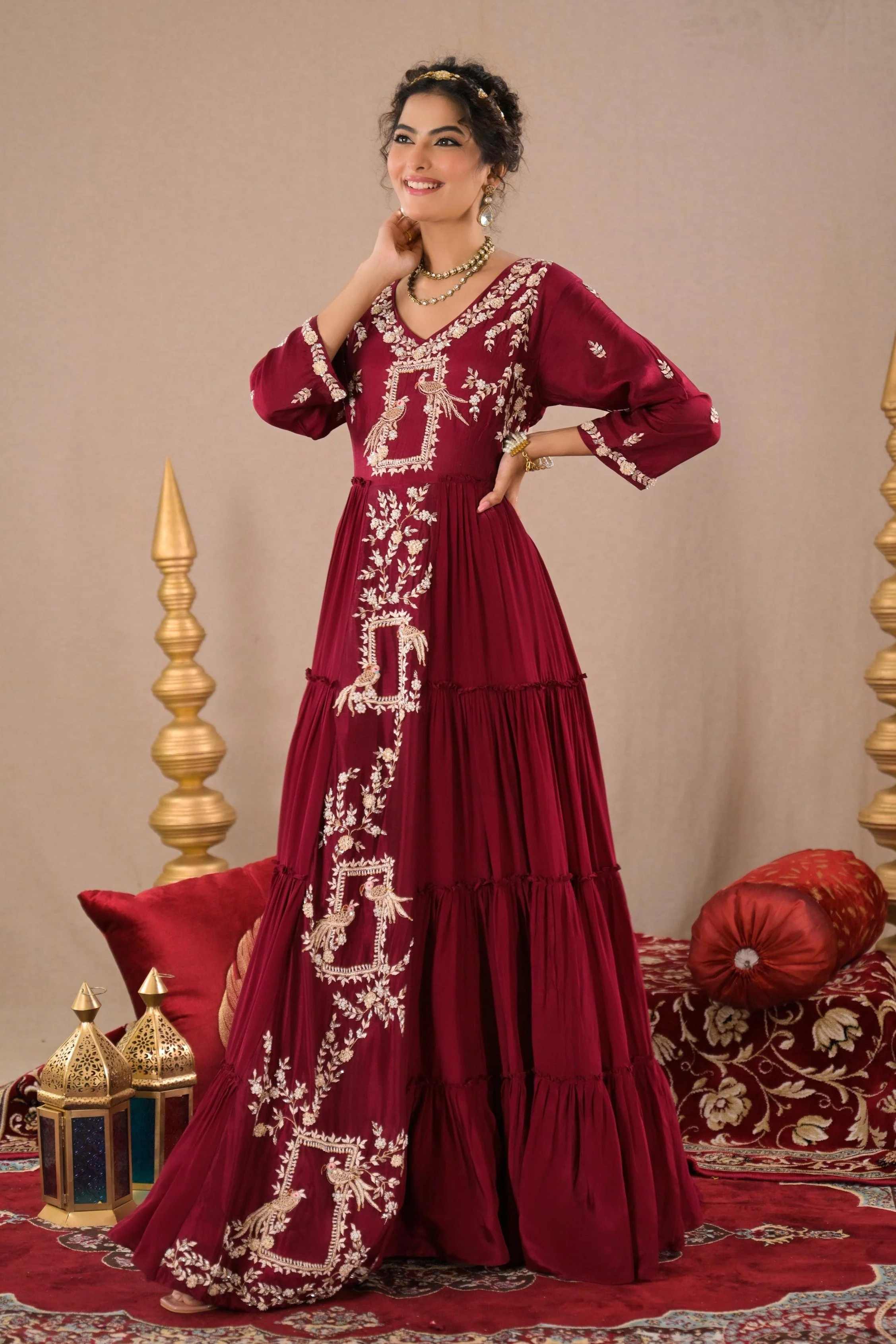 Royal Maroon Embroidered Italian Silk Gown - Image 3