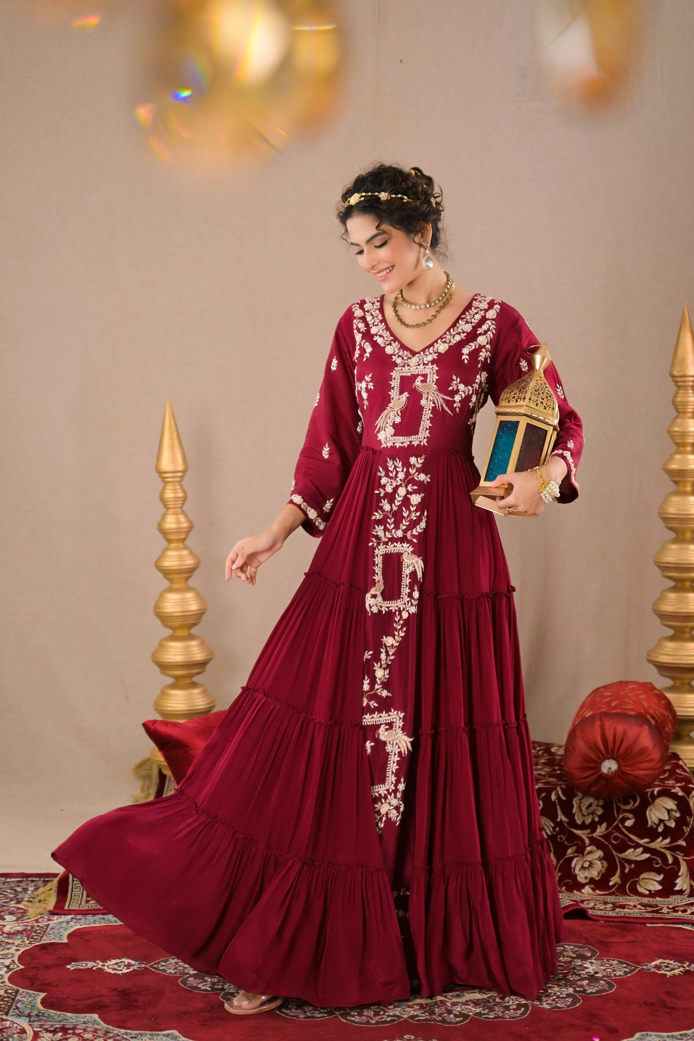 Royal Maroon Embroidered Italian Silk Gown - Image 4