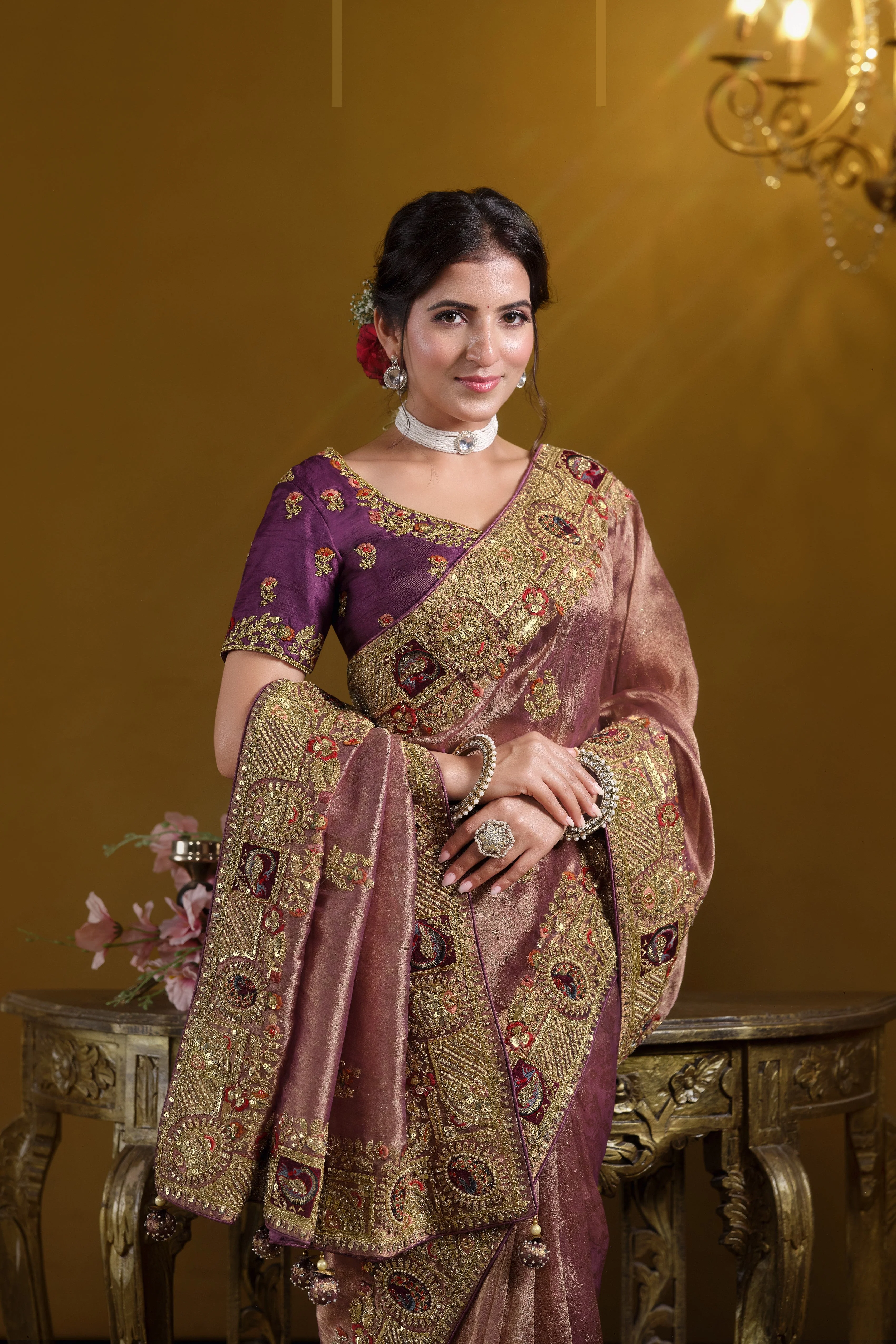 Royal Metallic Purple Embellished Premium Zari Silk Saree - Image 2
