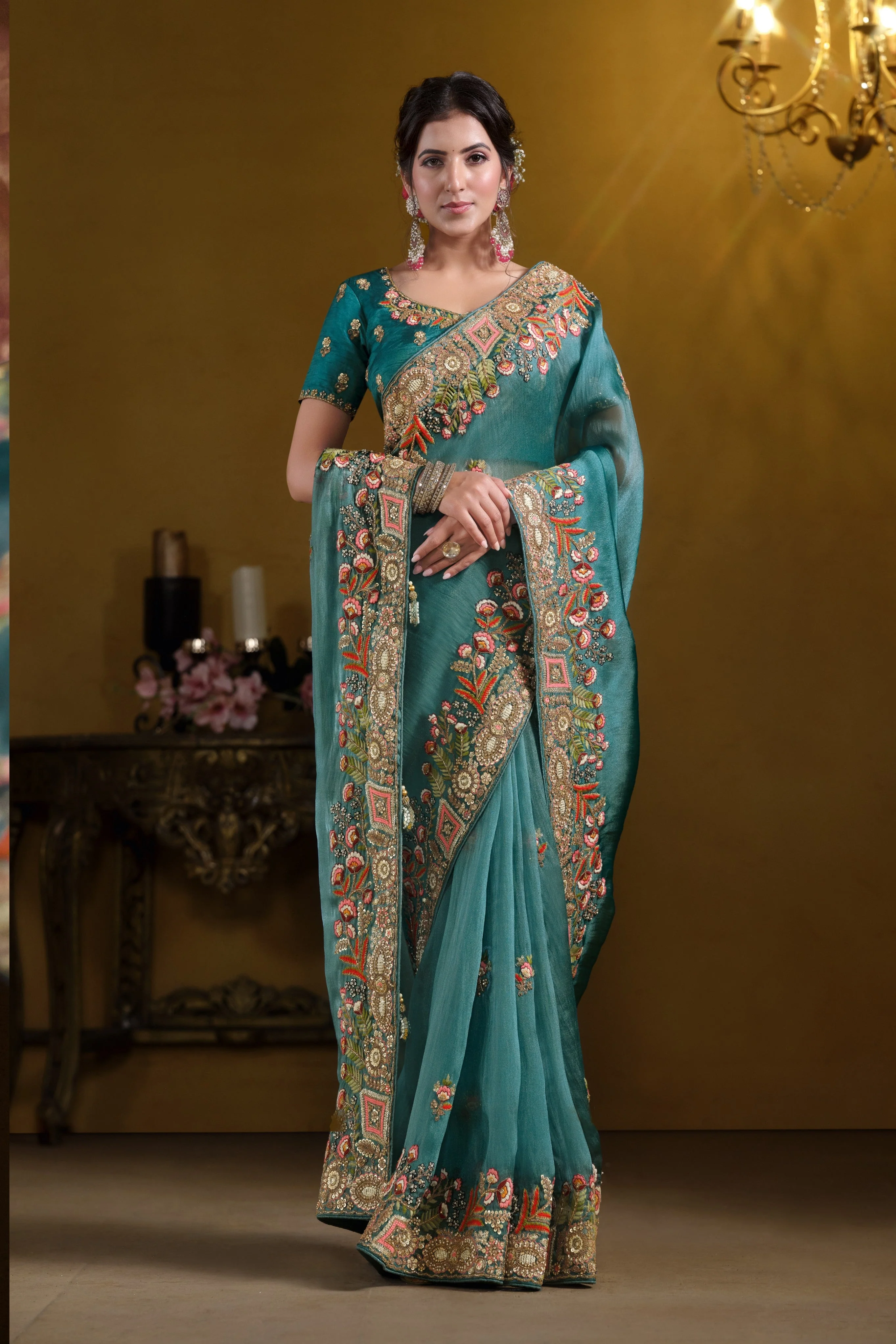 Royal Metallic Teal Blue Embellished Premium Tissue Silk Saree - Image 2