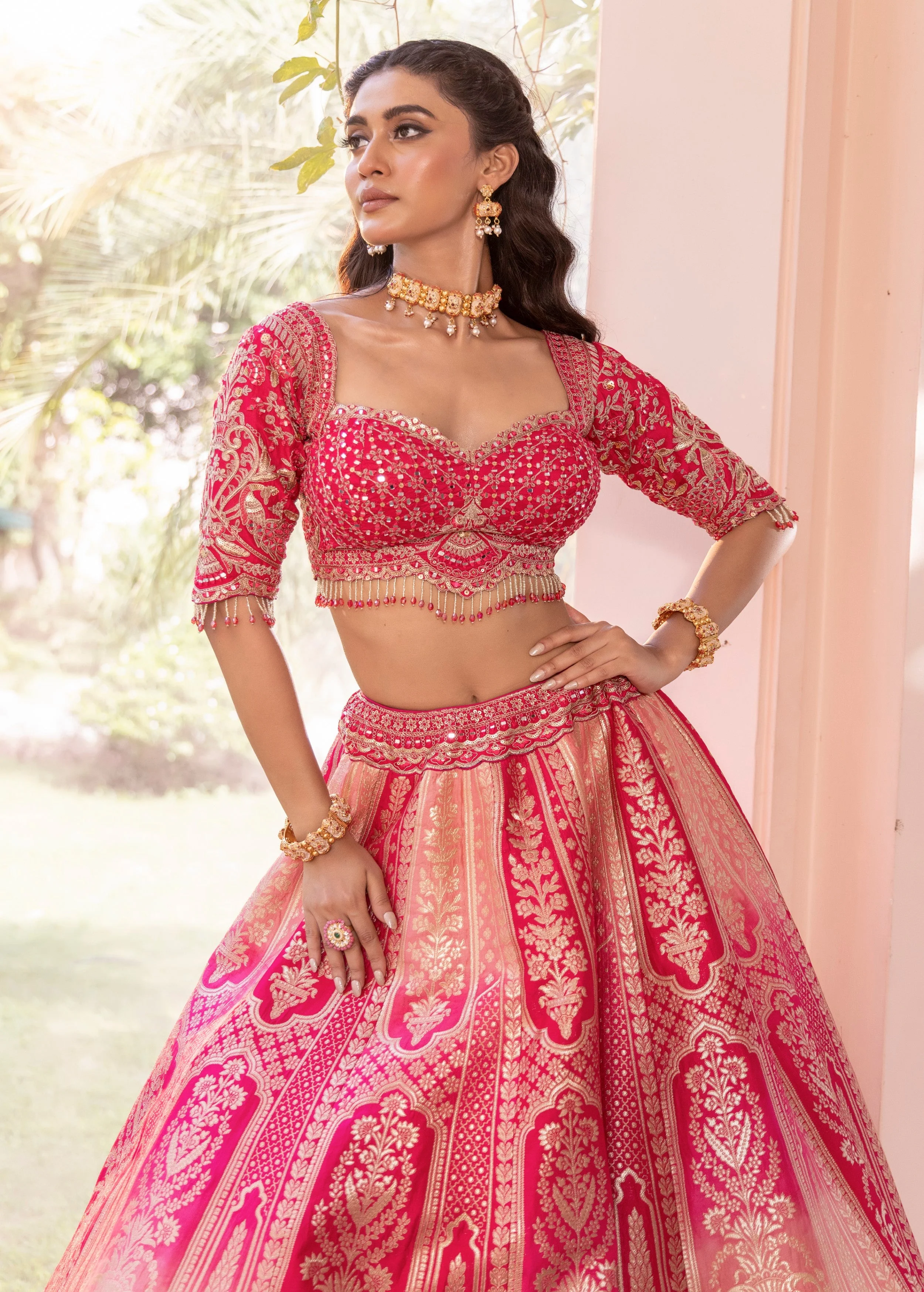 Royal Pink Embellished Banarasi Silk Lehenga Set - Image 2