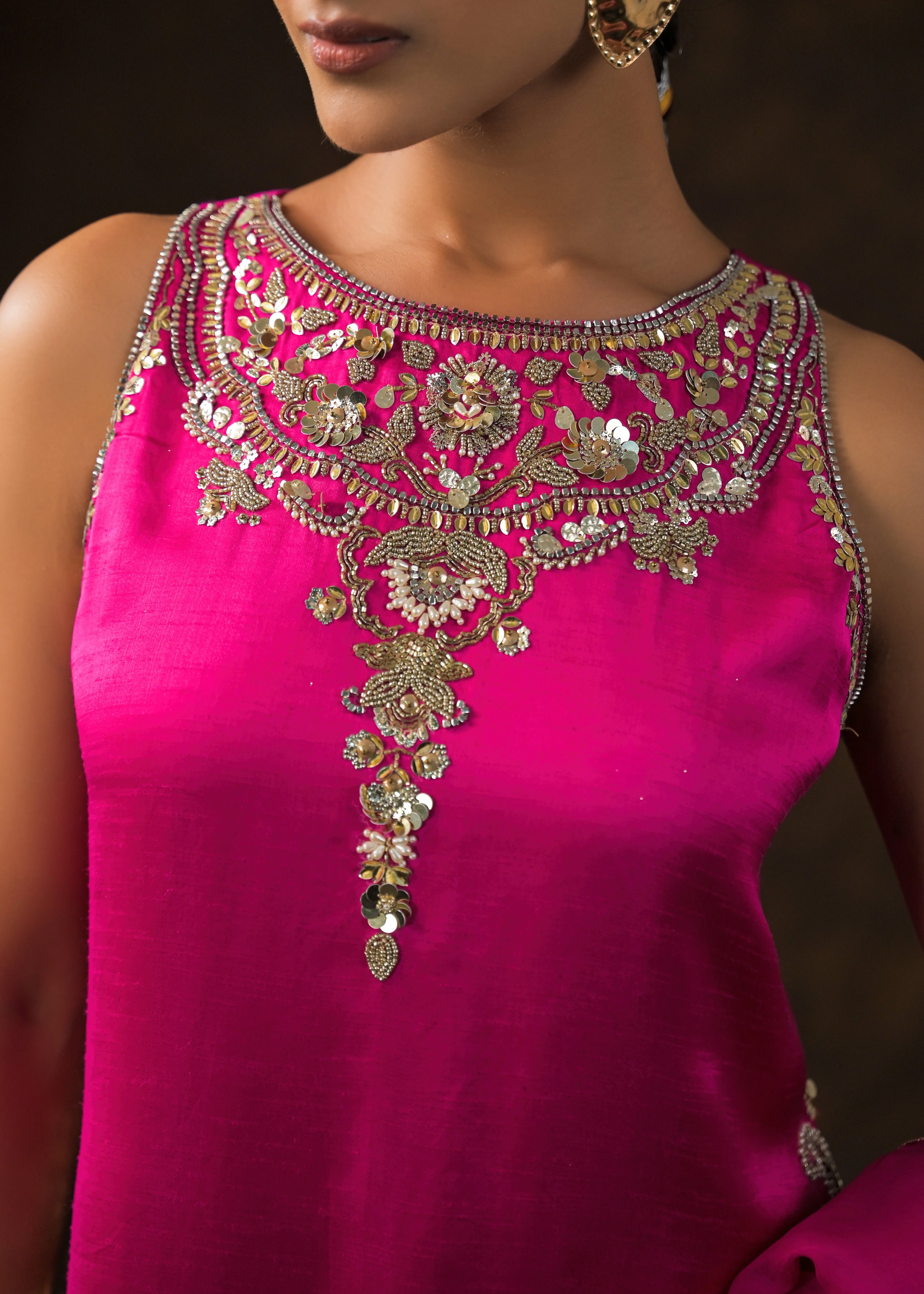 Royal Pink Embellished Satin Silk Palazzo Set - Image 2
