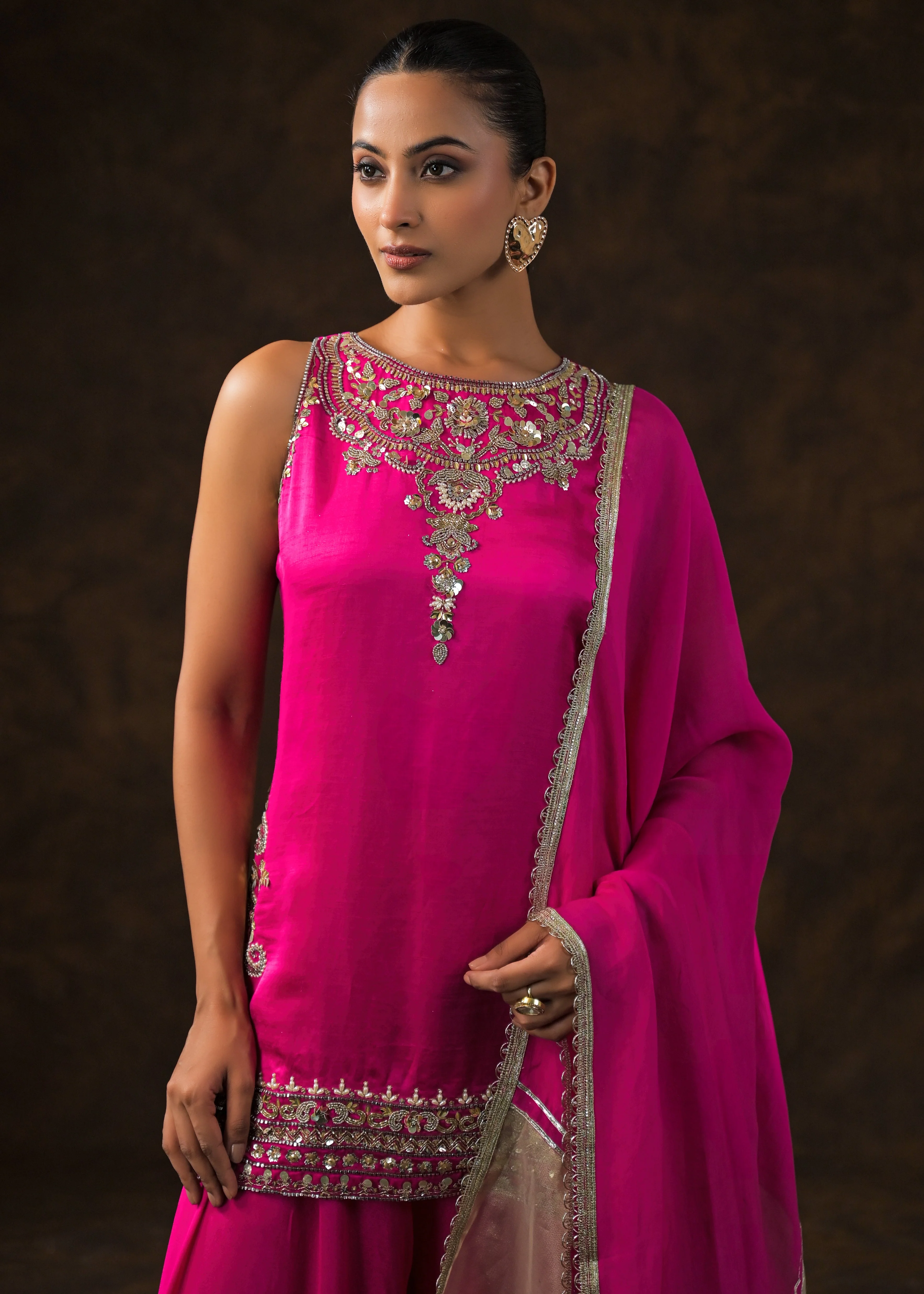 Royal Pink Embellished Satin Silk Palazzo Set - Image 3