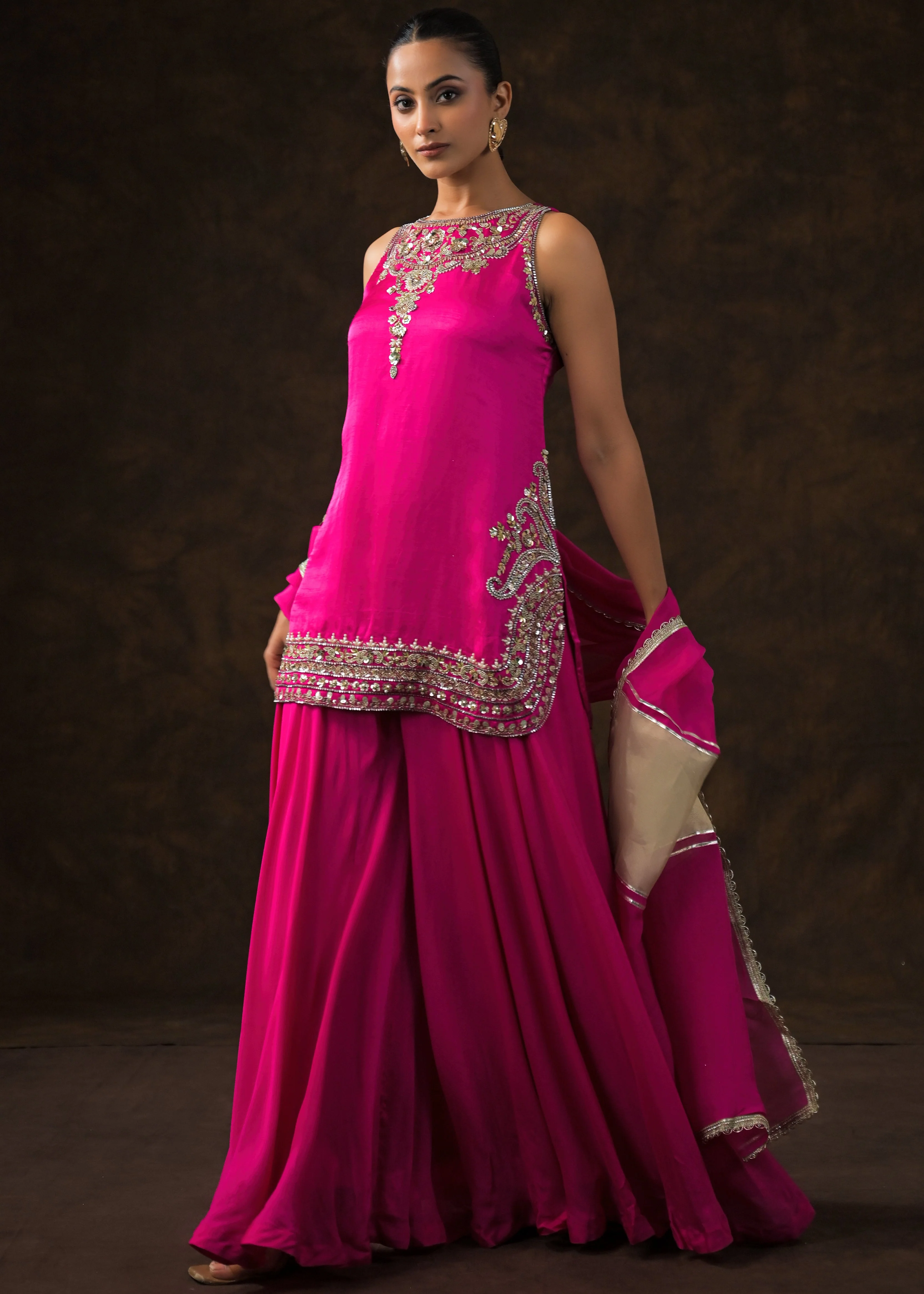Royal Pink Embellished Satin Silk Palazzo Set - Image 4