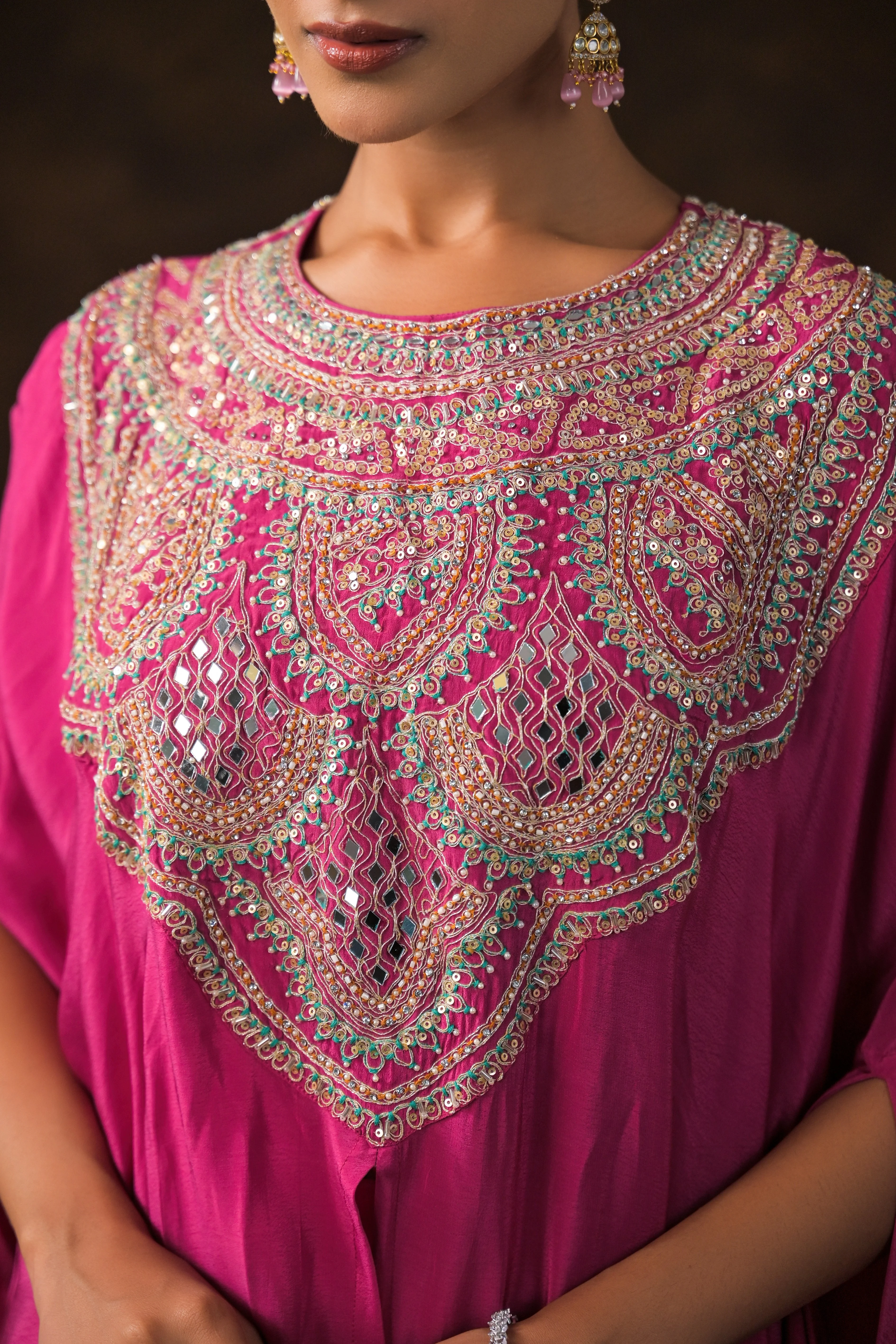 Queen Pink Embellished Premium Silk Kaftan Set - Image 2