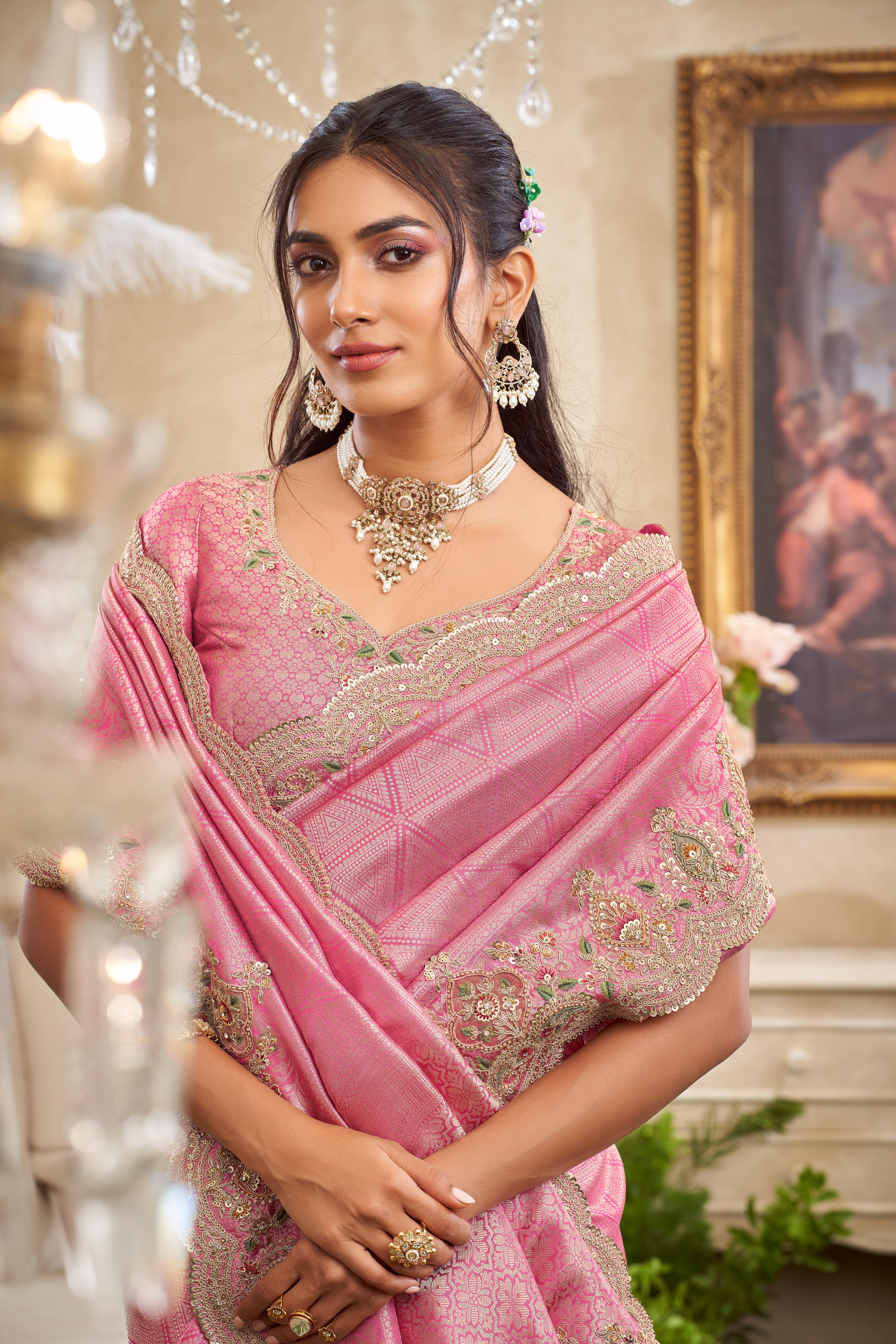 Rose Pink Embellished Dola Silk Saree - Image 2