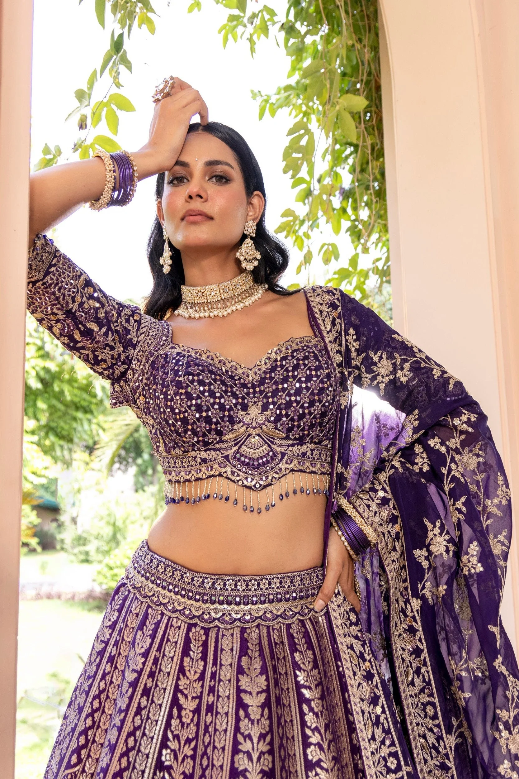 Royal Purple Embellished Banarasi Silk Lehenga Set - Image 2