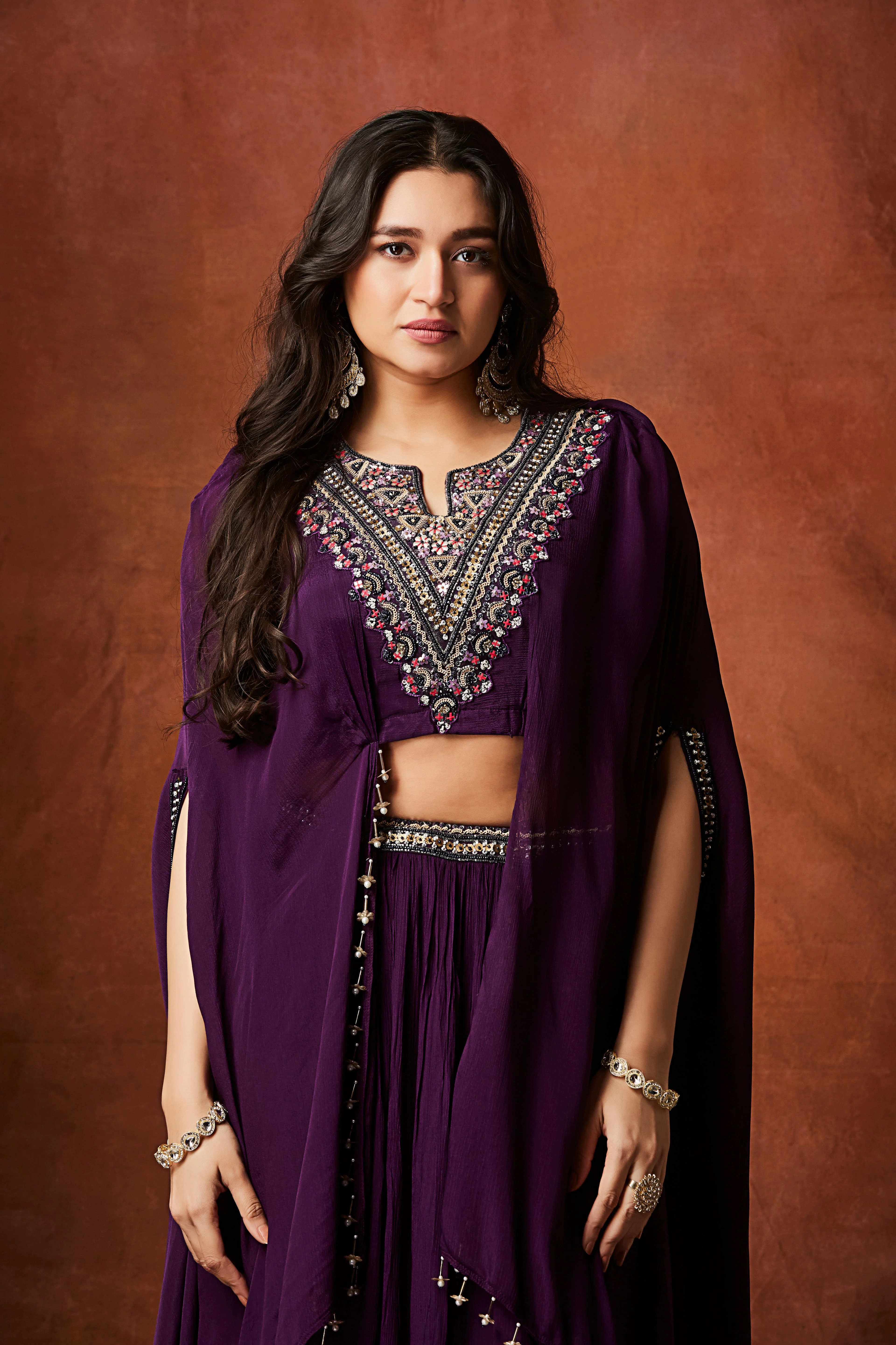 Royal Purple Embellished Chinon Silk Skirt Set - Image 2