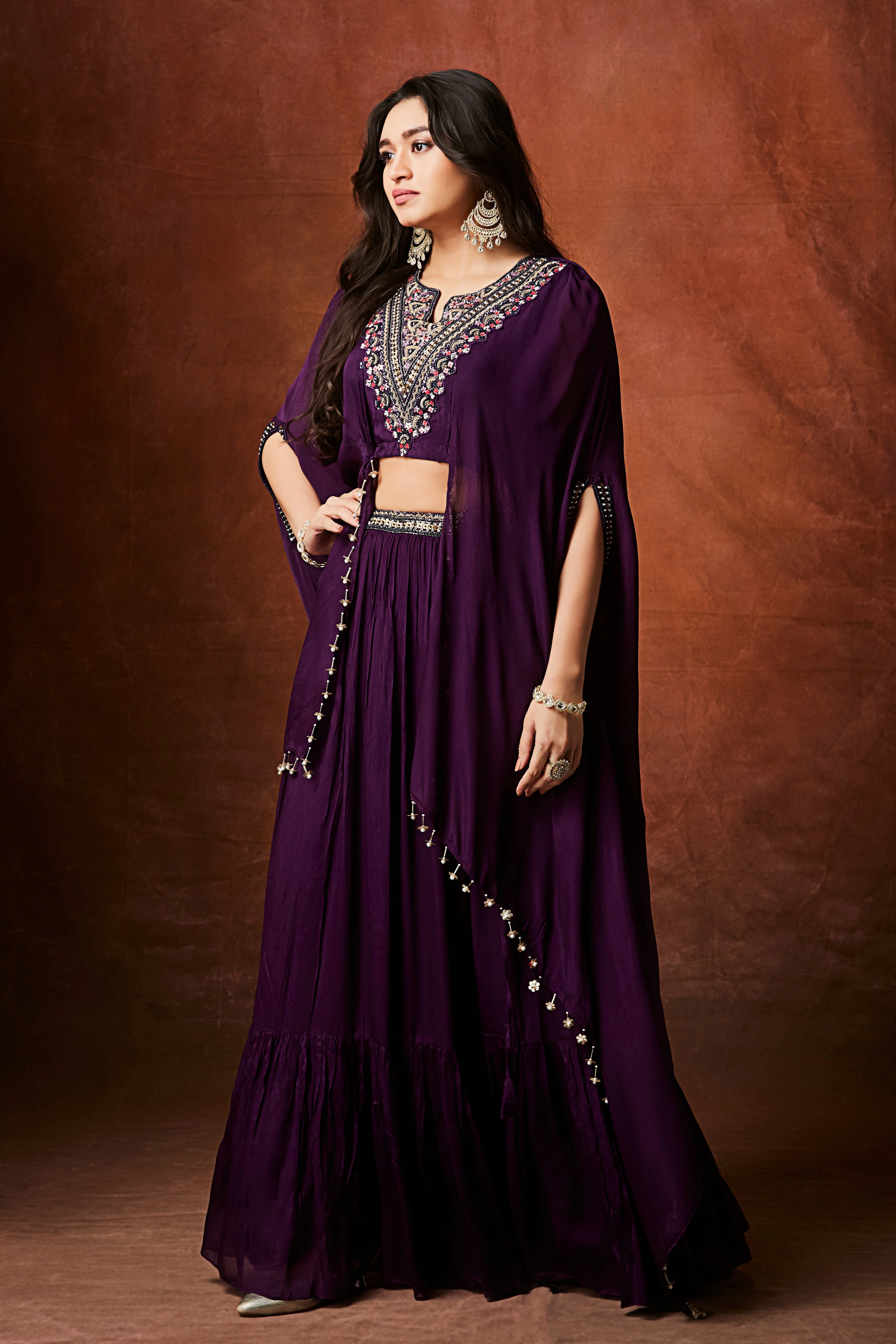 Royal Purple Embellished Chinon Silk Skirt Set - Image 3
