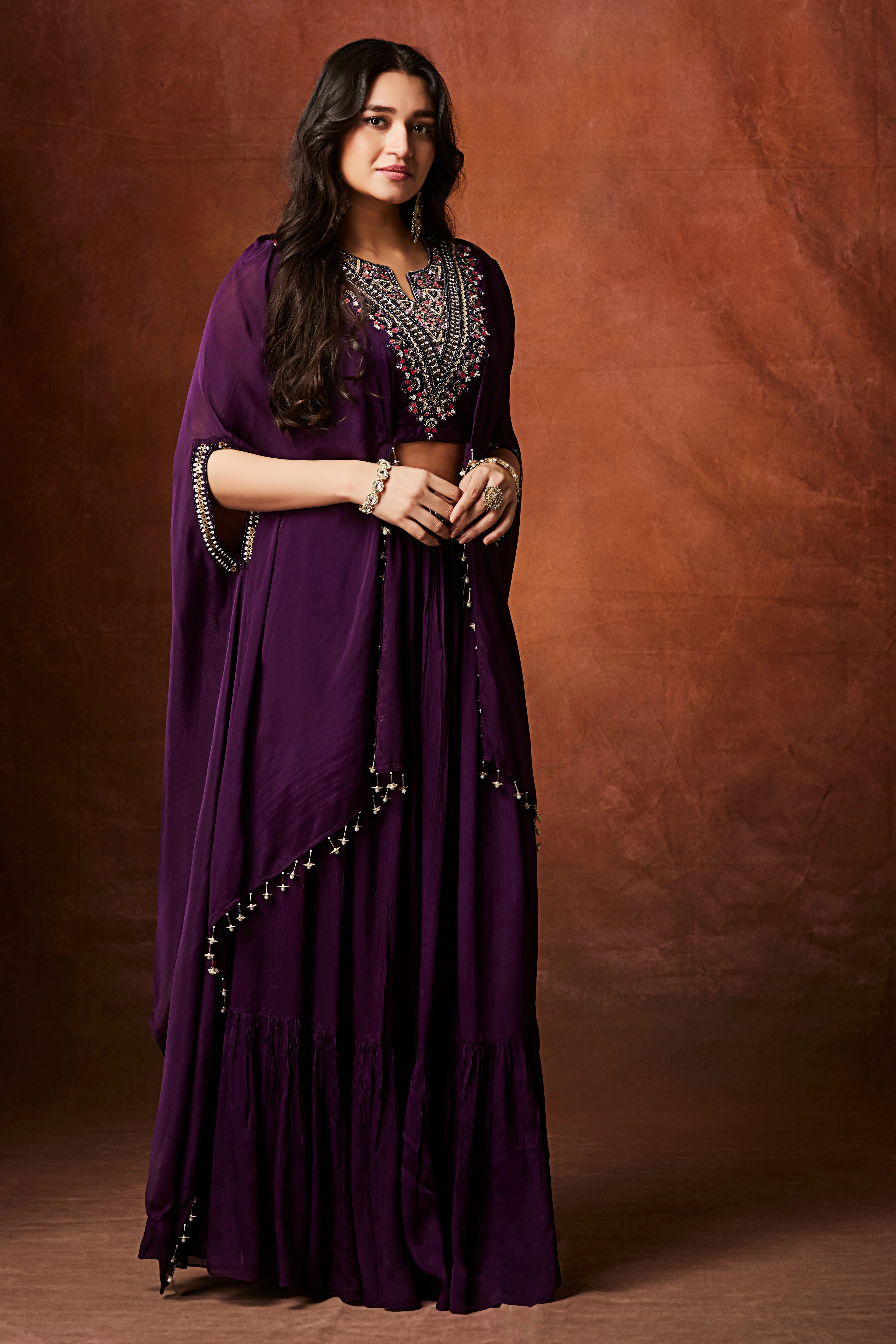 Royal Purple Embellished Chinon Silk Skirt Set - Image 4