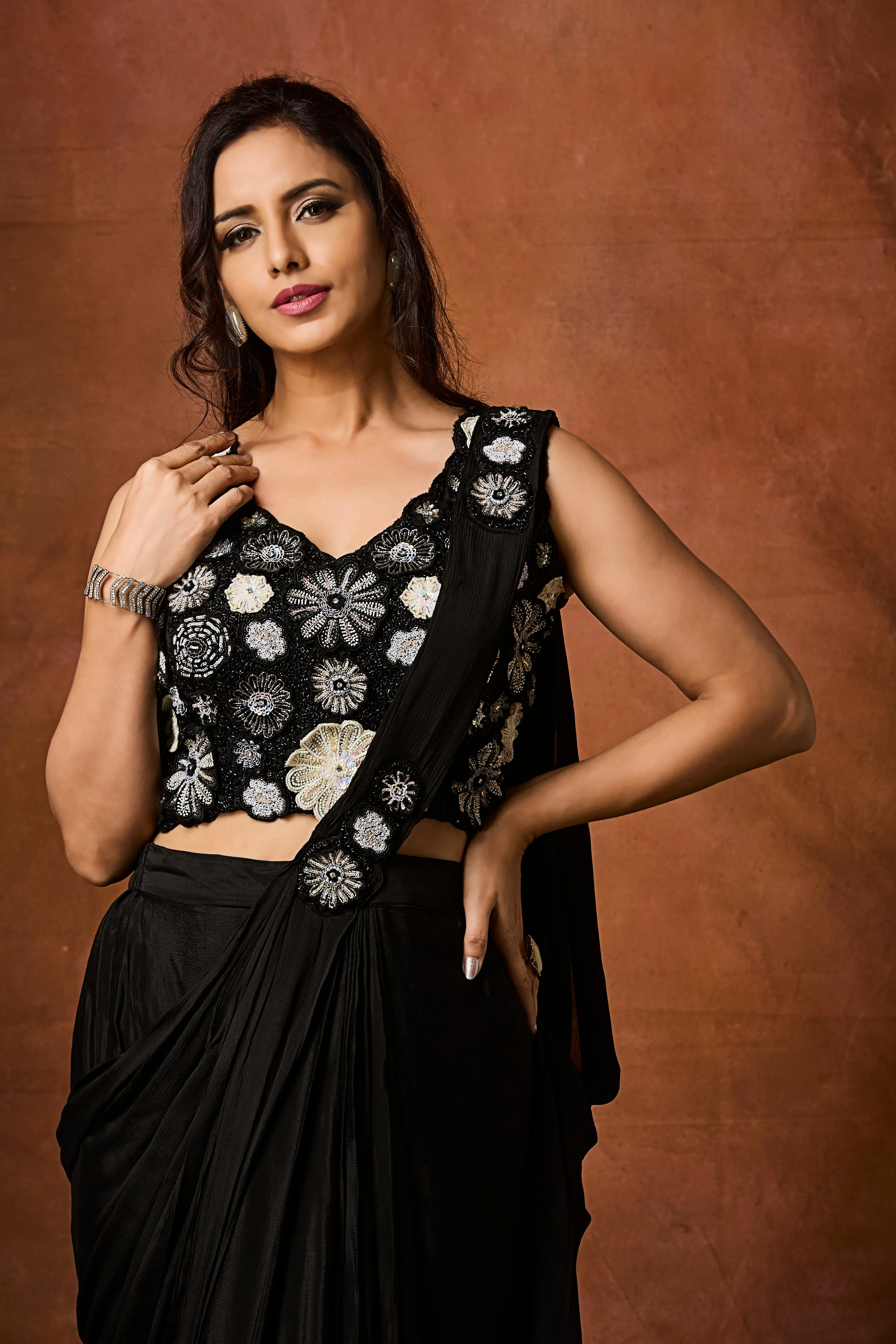 Classic Black Embellished Chinon Silk Drape Saree - Image 2