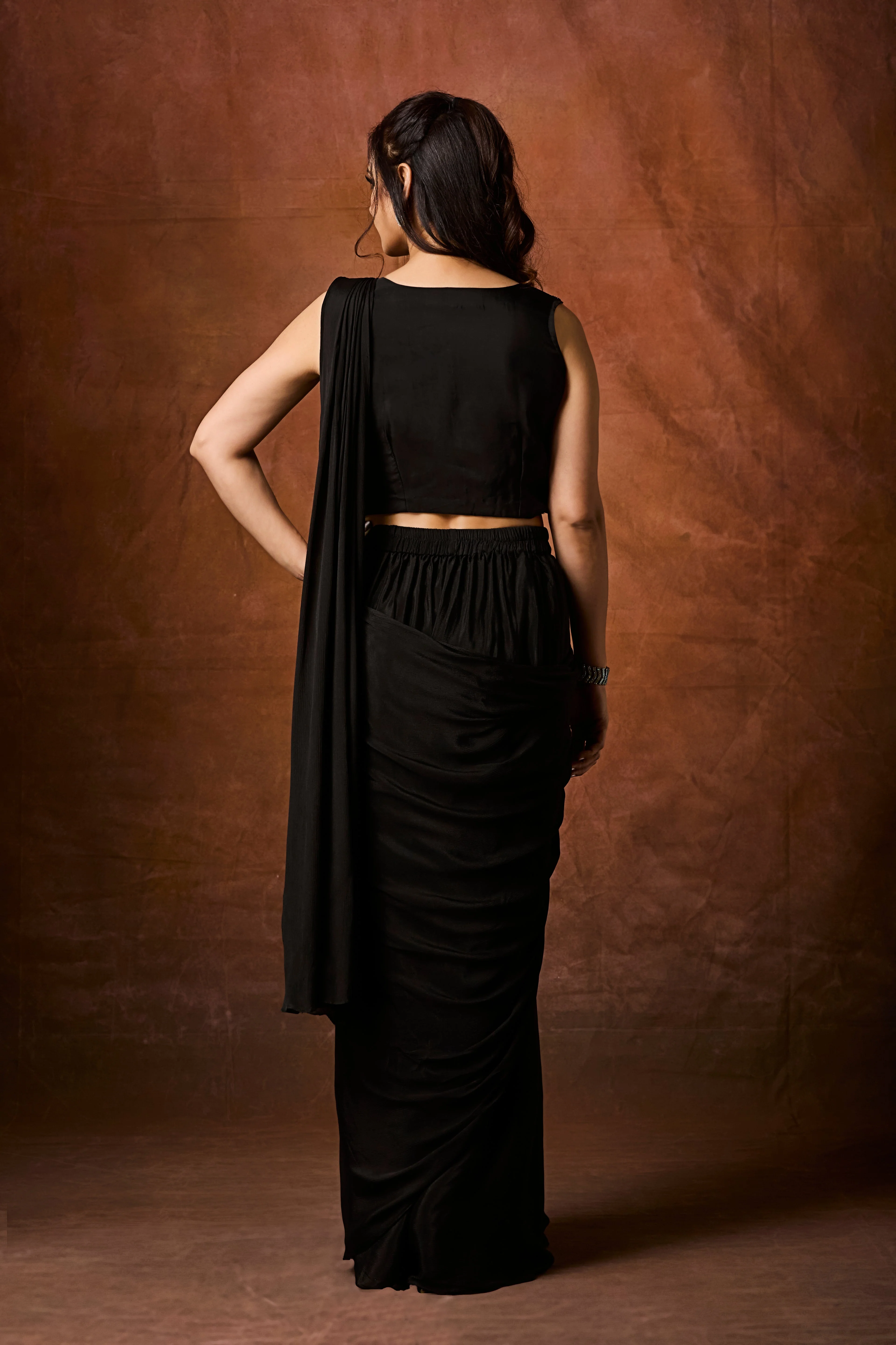 Classic Black Embellished Chinon Silk Drape Saree - Image 6