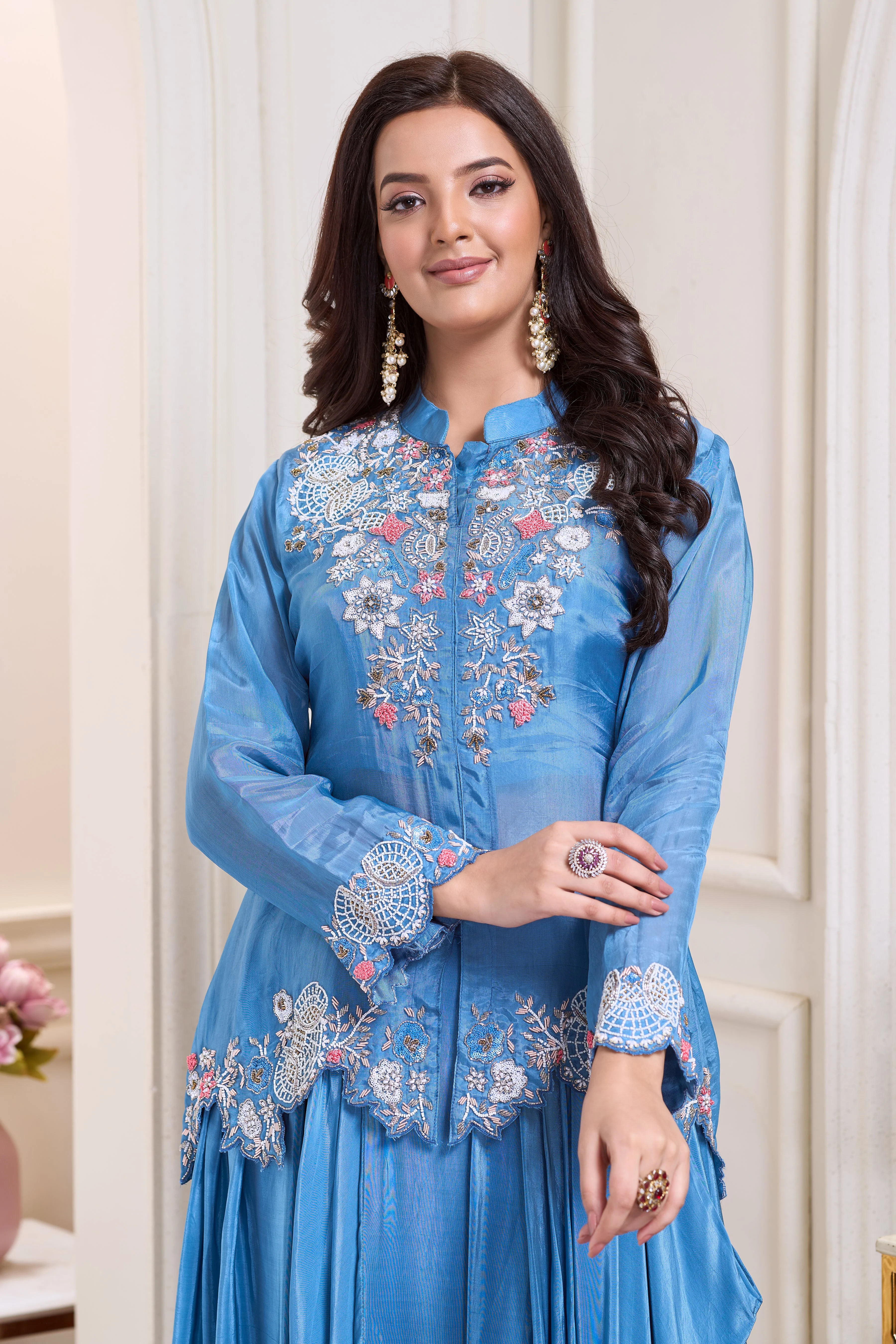 Aqua Blue Embellished Crepe Silk Skirt Set - Image 2