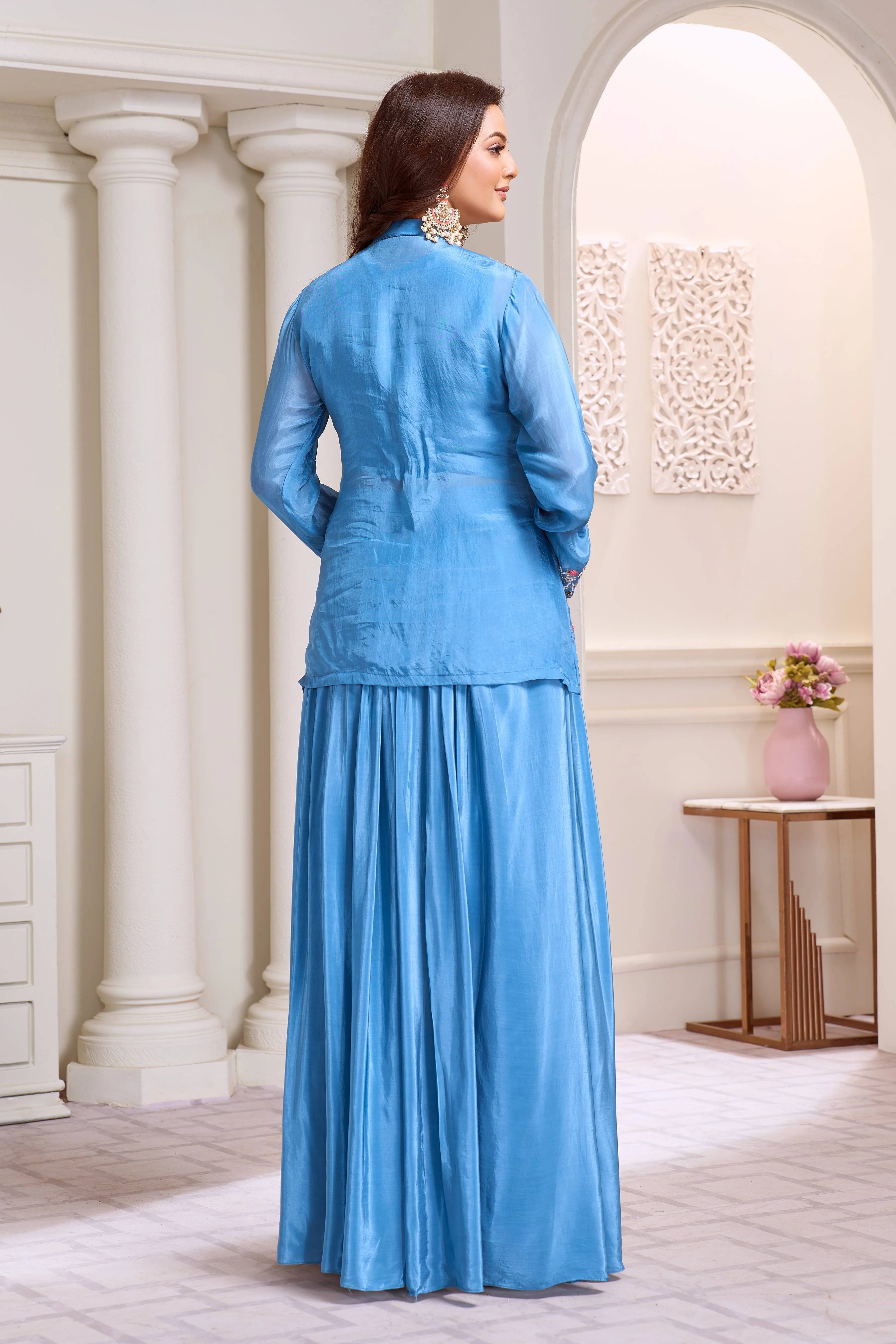 Aqua Blue Embellished Crepe Silk Skirt Set - Image 3