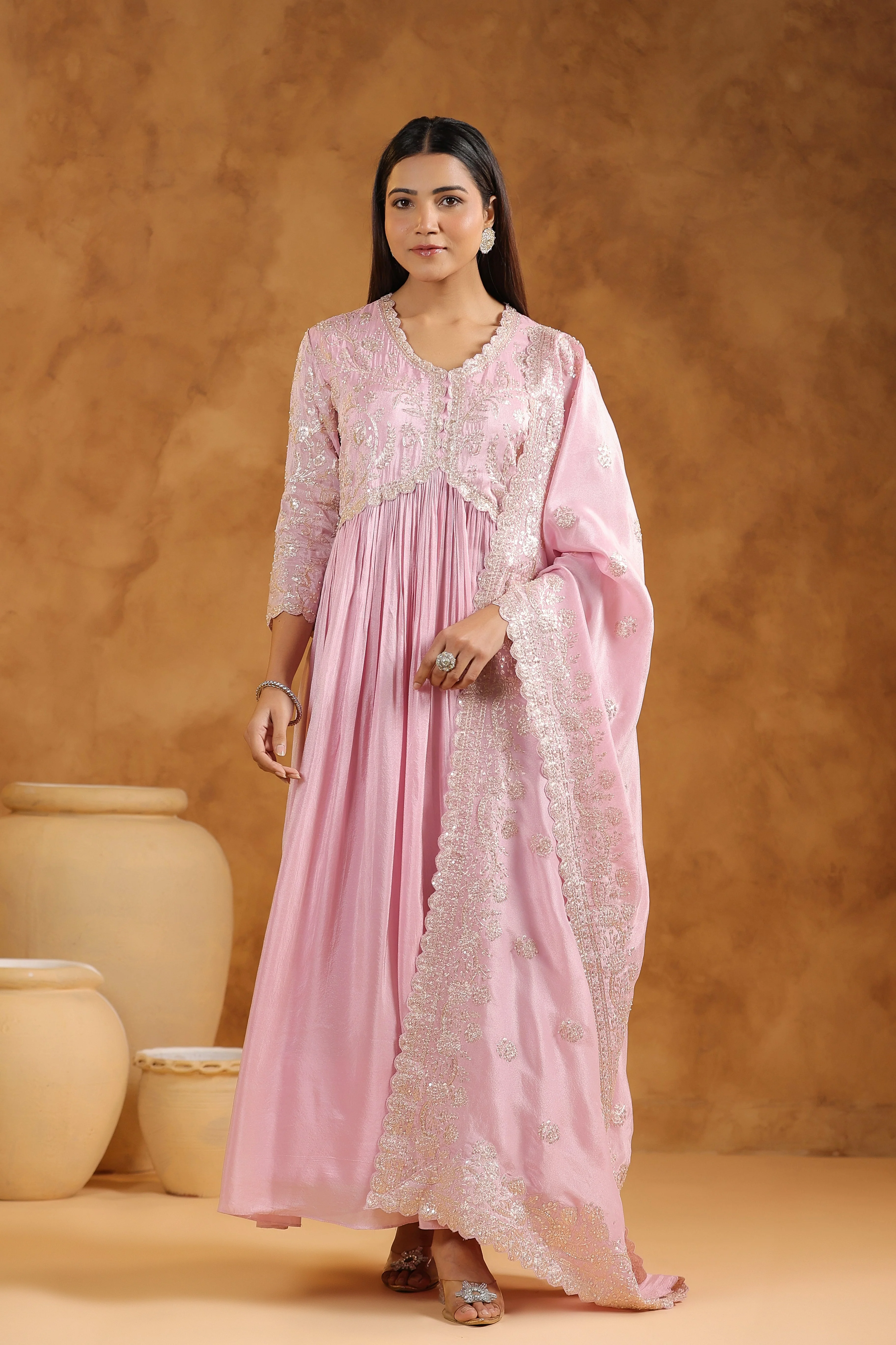 Soft Pink Embellished Tissue Silk Anarkali Set