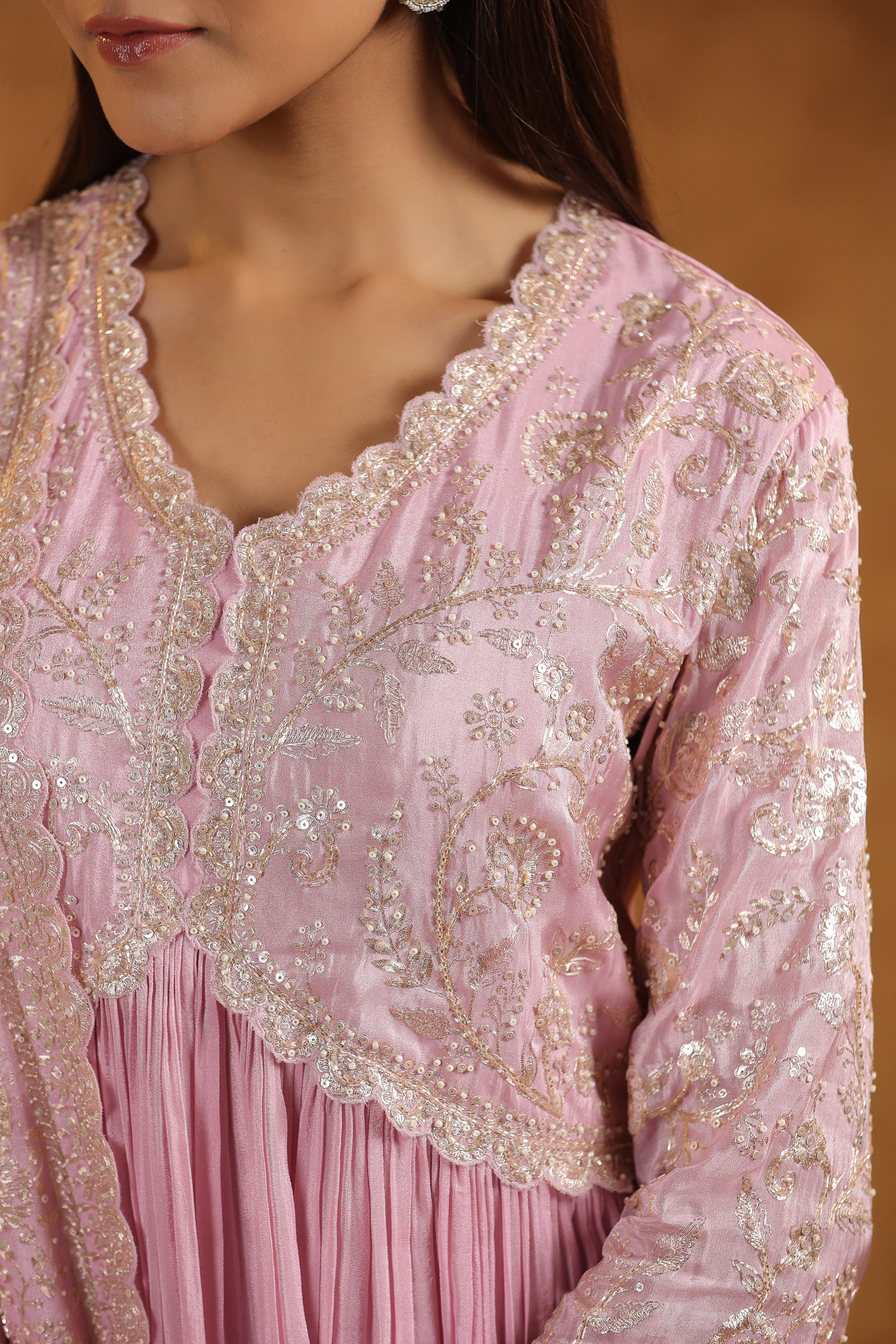 Soft Pink Embellished Tissue Silk Anarkali Set - Image 2