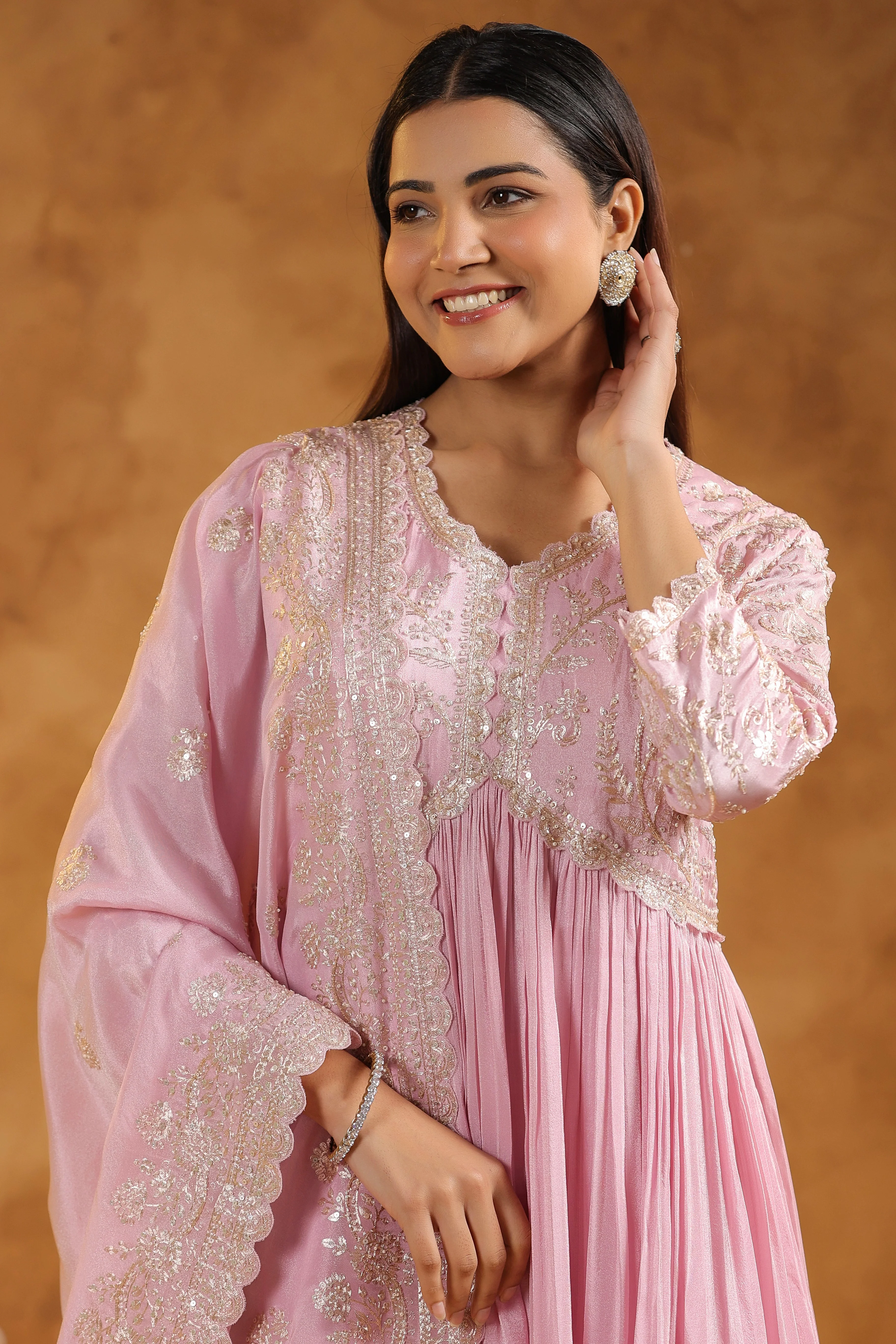 Soft Pink Embellished Tissue Silk Anarkali Set - Image 3