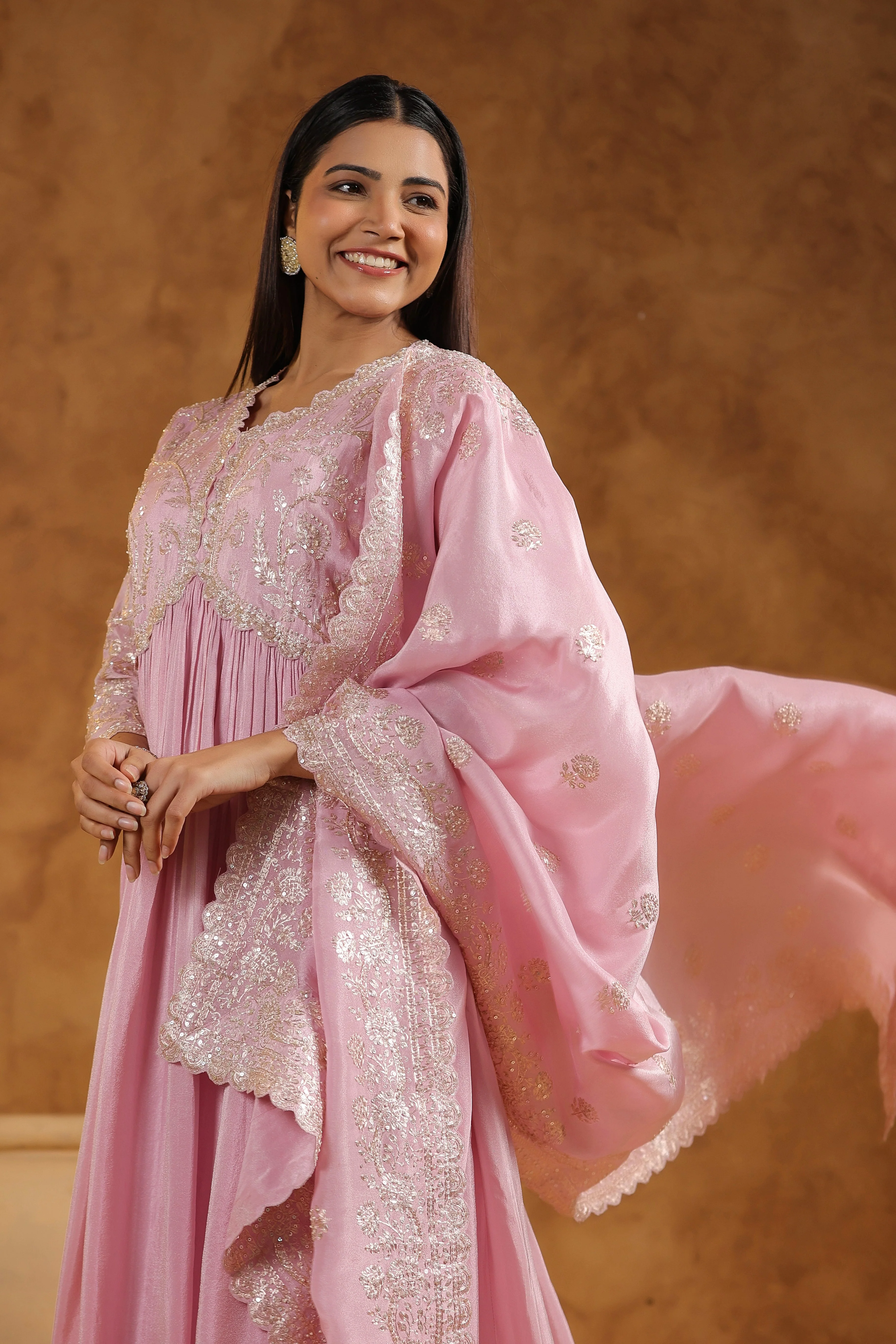 Soft Pink Embellished Tissue Silk Anarkali Set - Image 4
