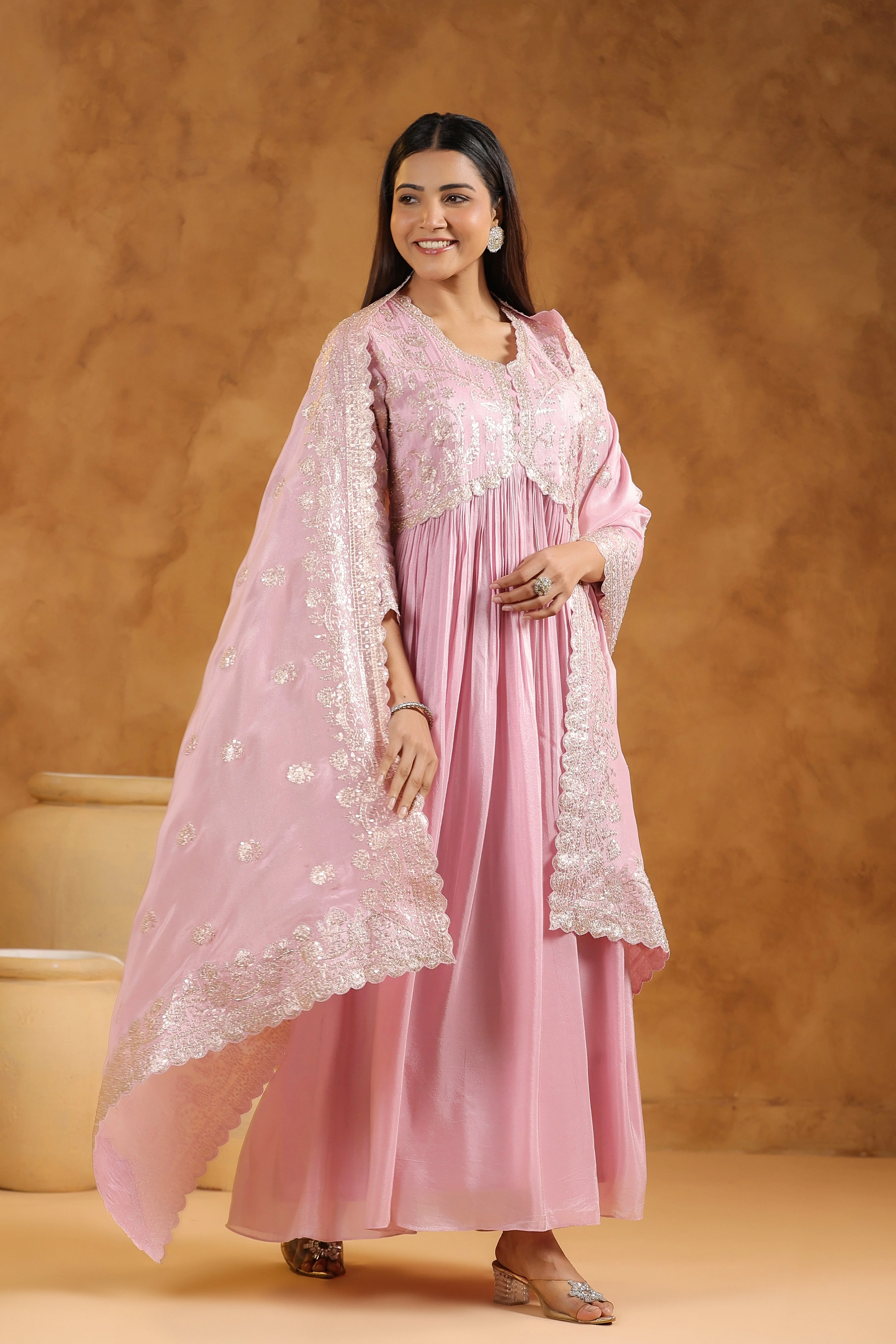 Soft Pink Embellished Tissue Silk Anarkali Set - Image 5