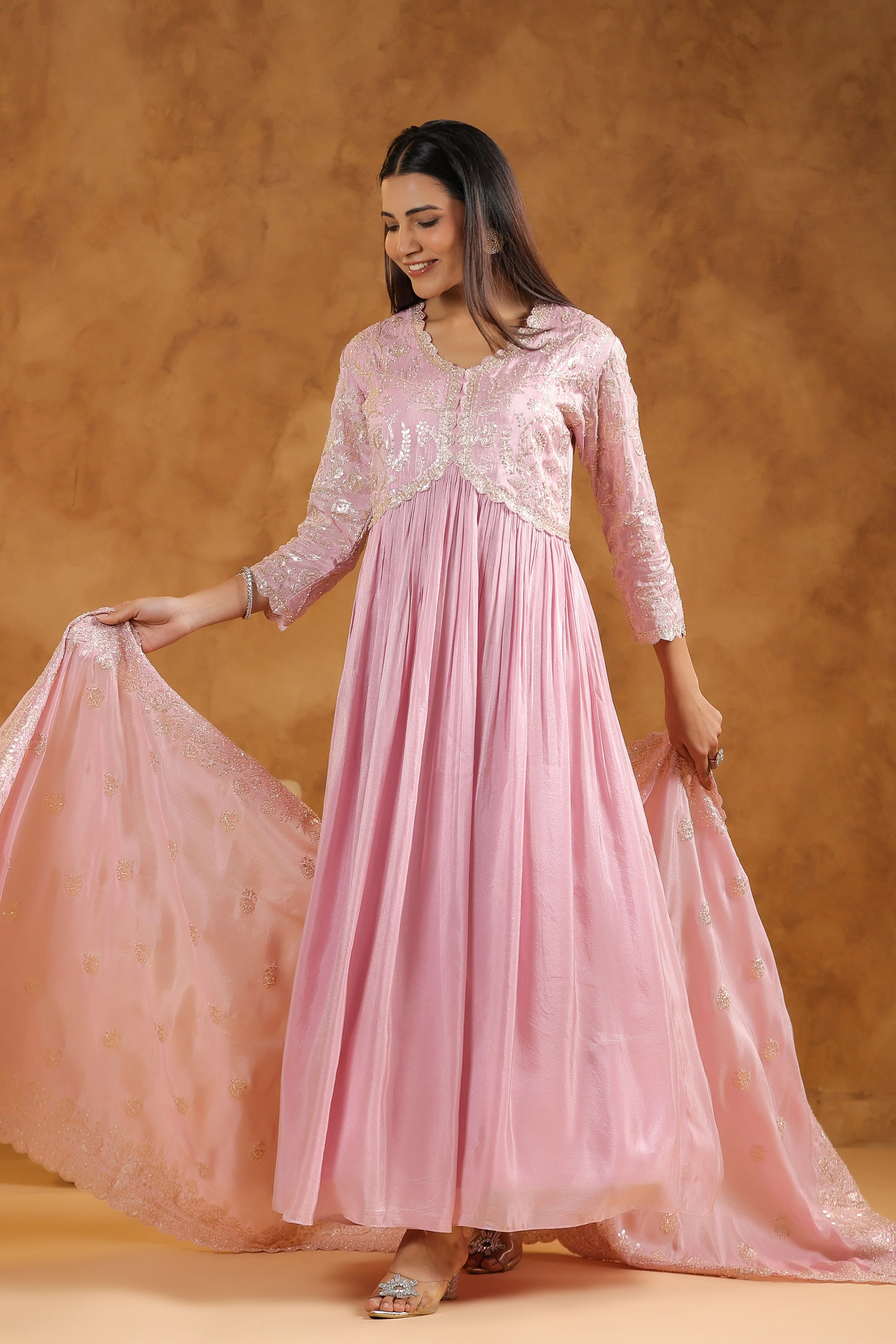 Soft Pink Embellished Tissue Silk Anarkali Set - Image 6