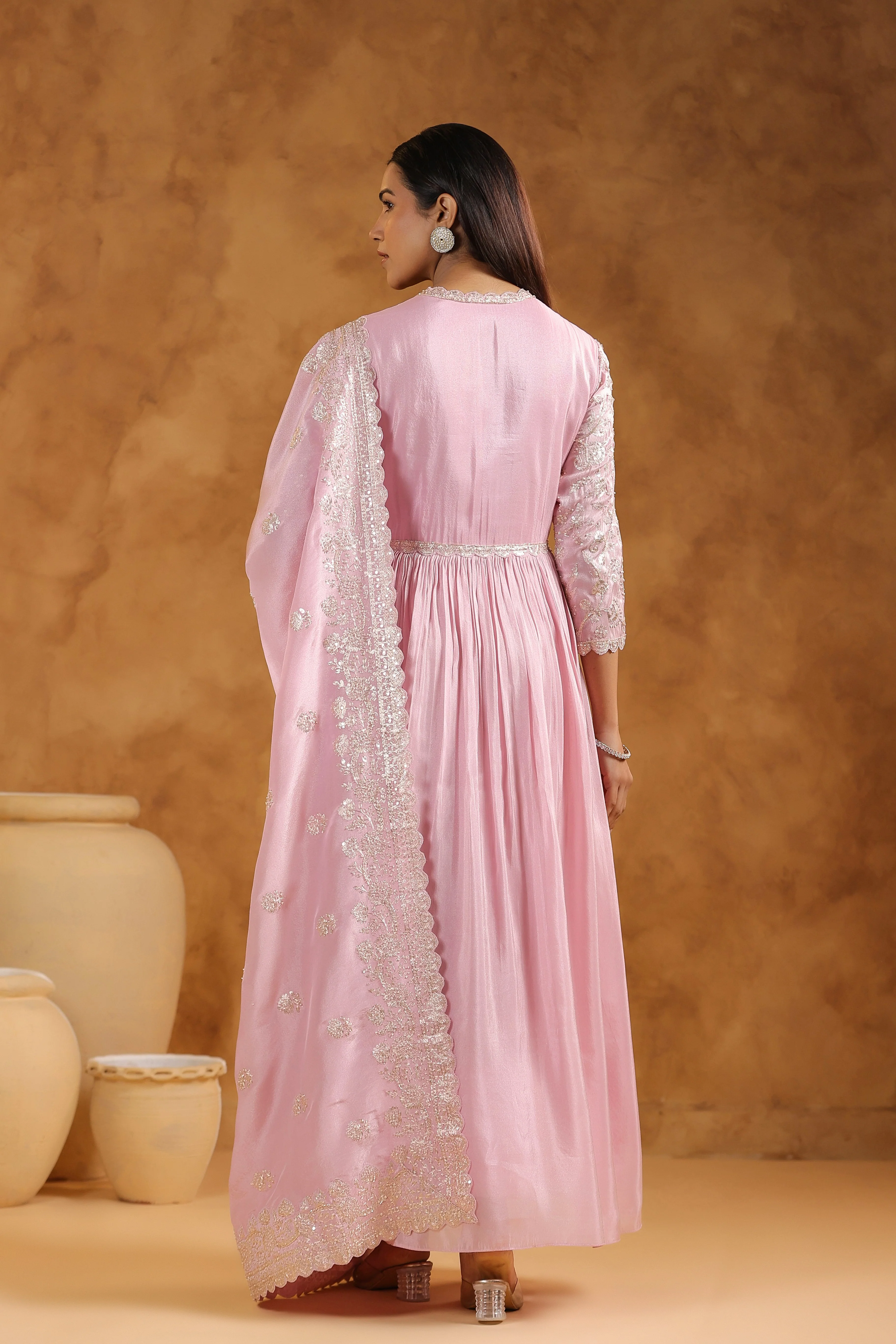 Soft Pink Embellished Tissue Silk Anarkali Set - Image 7