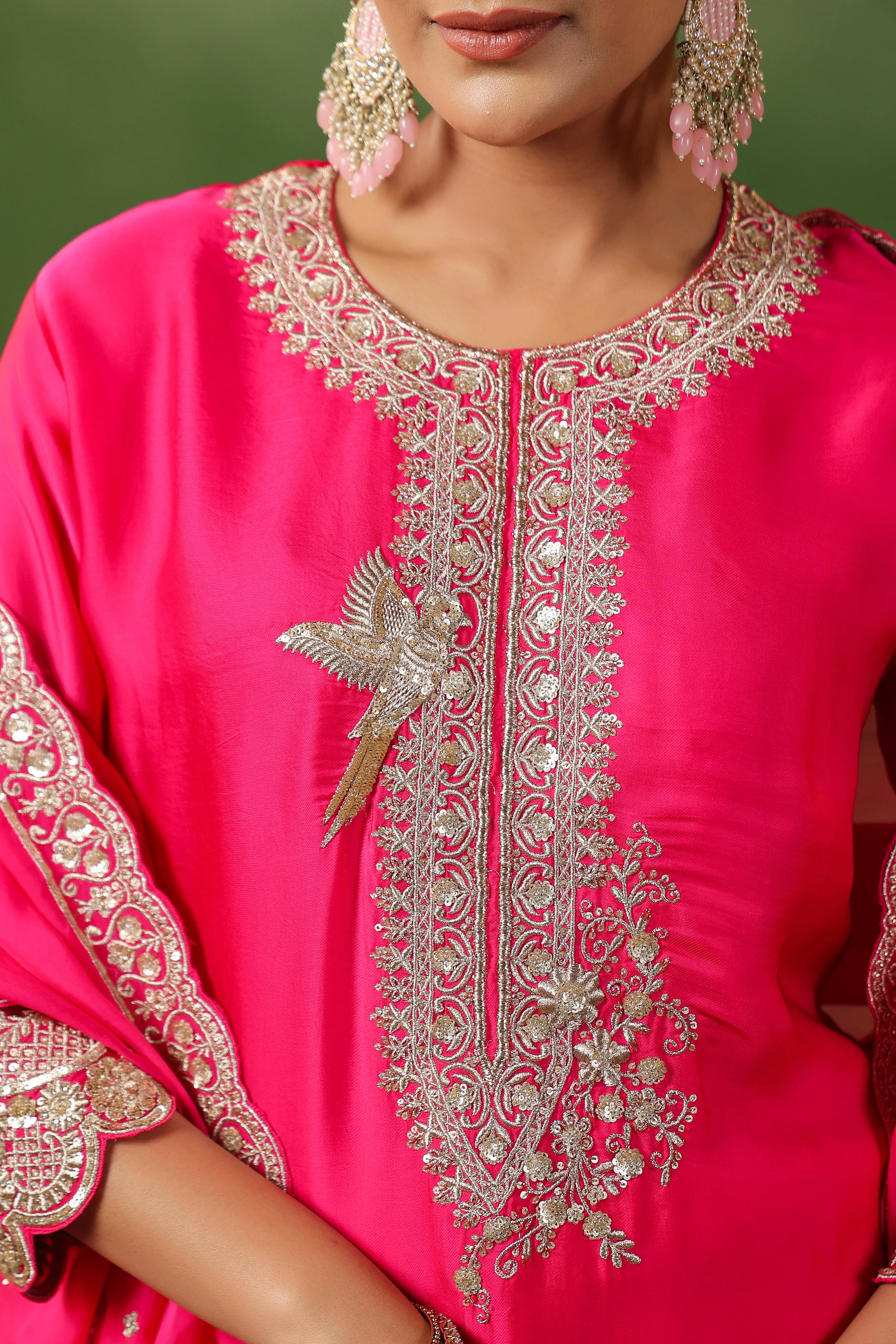 Raspberry Pink Embellished Satin Silk Sharara Set - Image 2