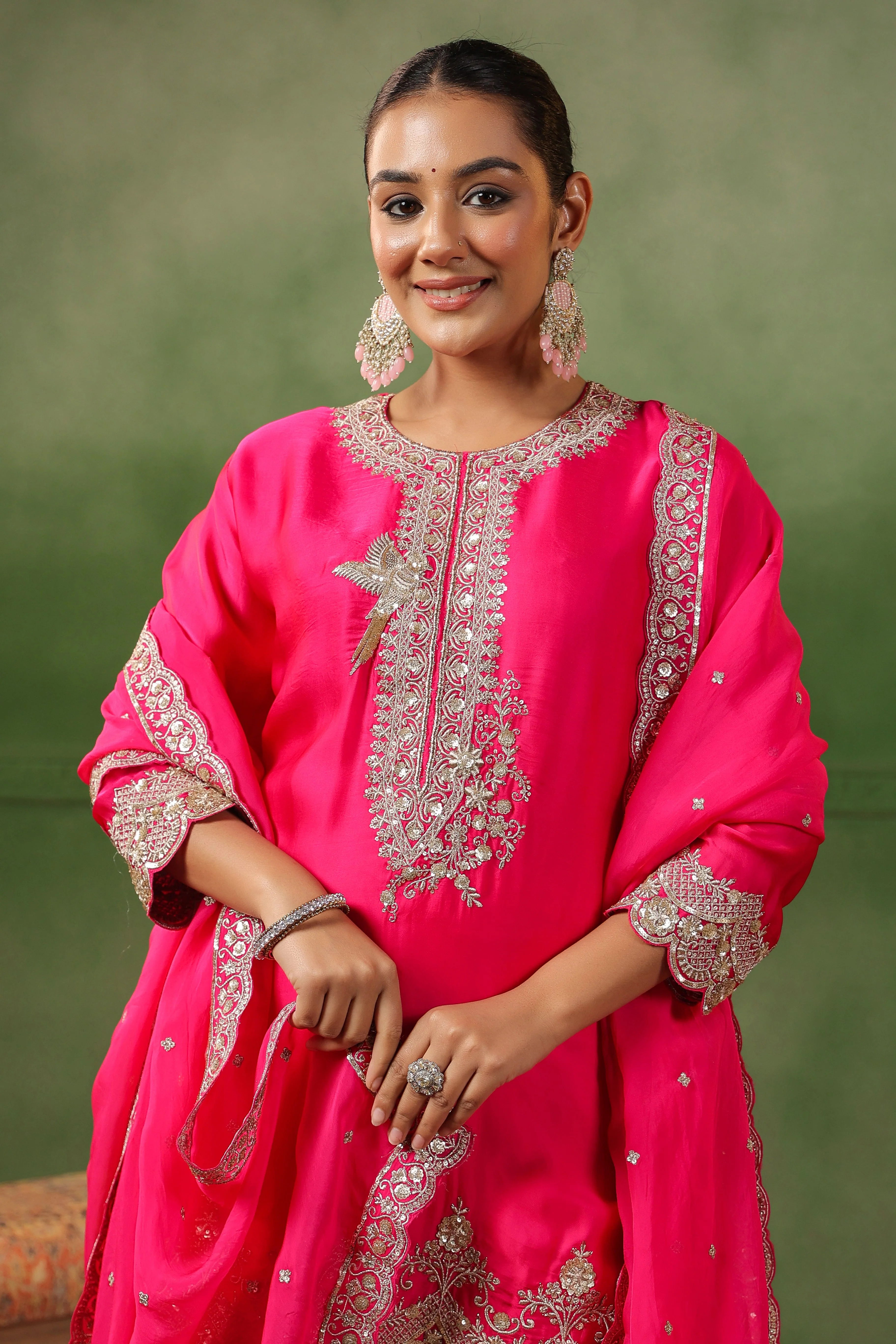 Raspberry Pink Embellished Satin Silk Sharara Set - Image 3