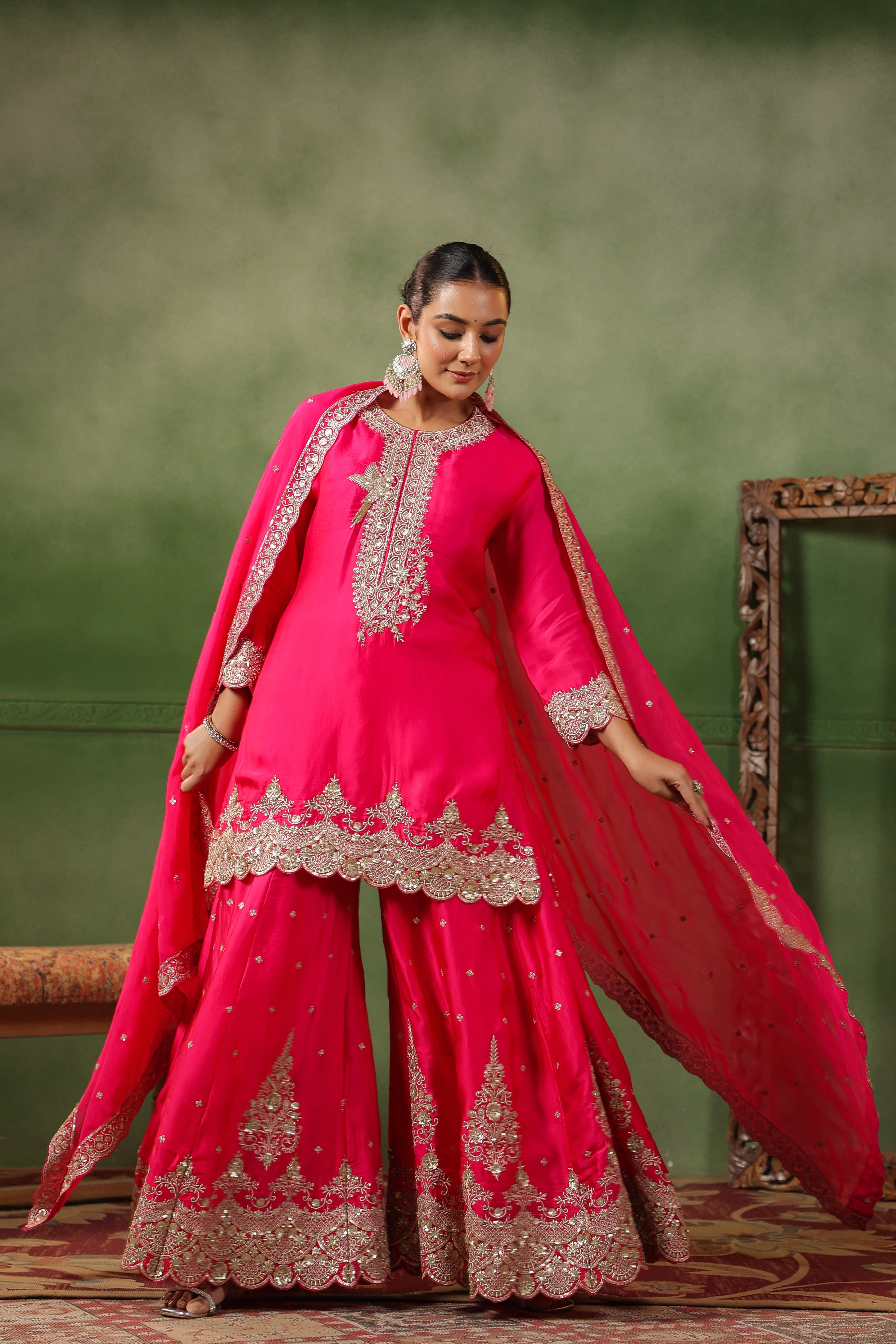 Raspberry Pink Embellished Satin Silk Sharara Set - Image 4