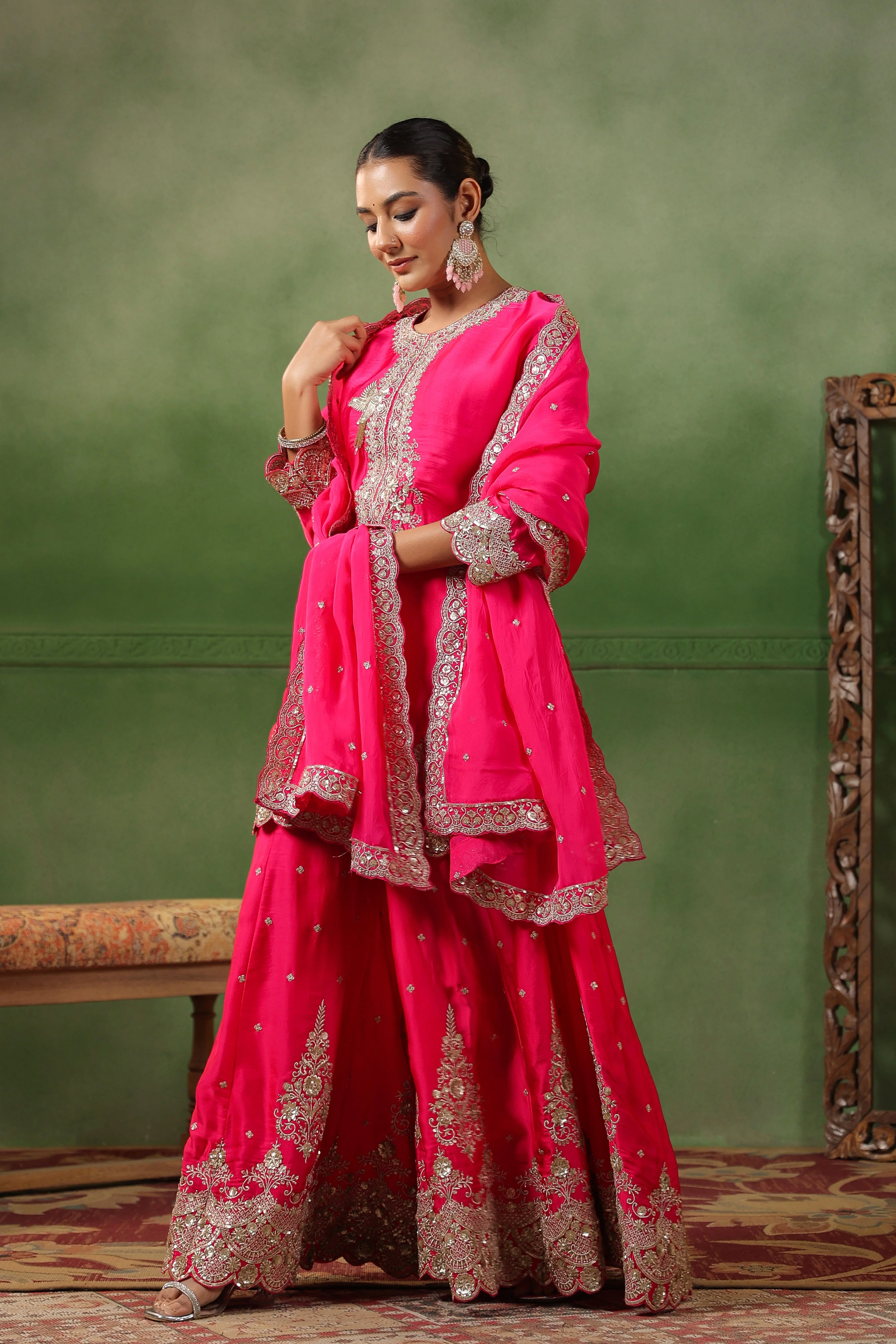 Raspberry Pink Embellished Satin Silk Sharara Set - Image 5
