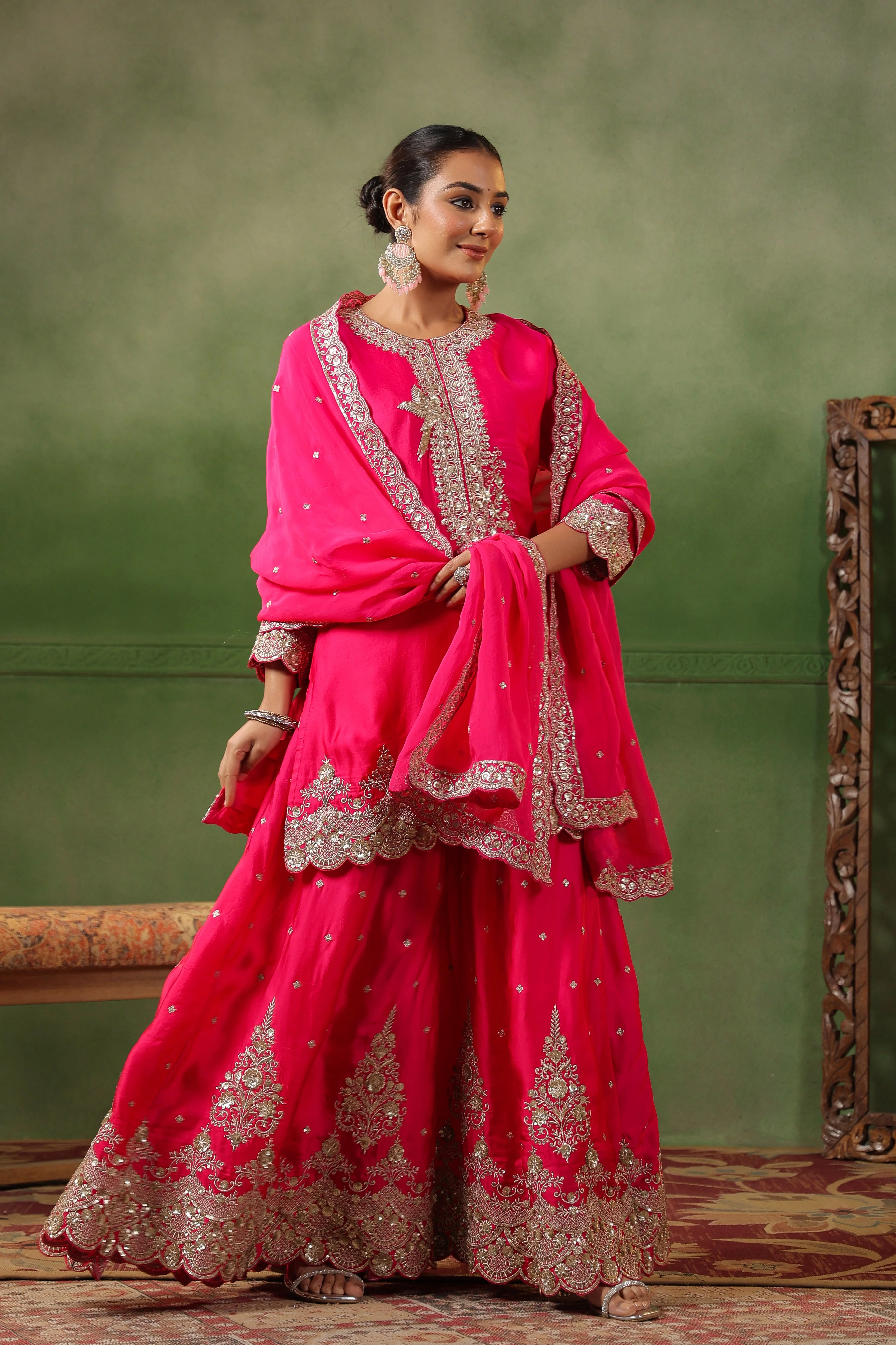 Raspberry Pink Embellished Satin Silk Sharara Set - Image 6
