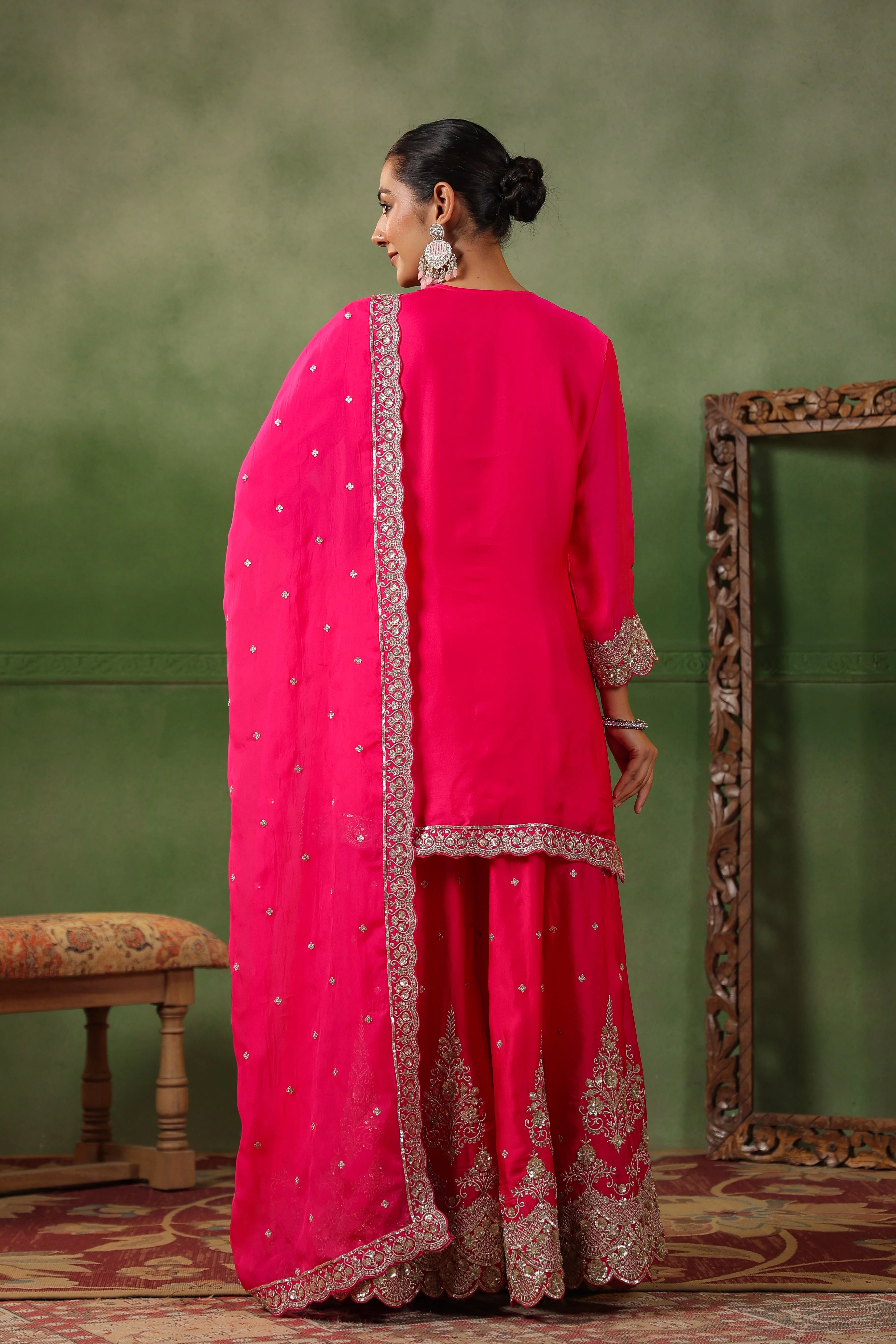 Raspberry Pink Embellished Satin Silk Sharara Set - Image 7