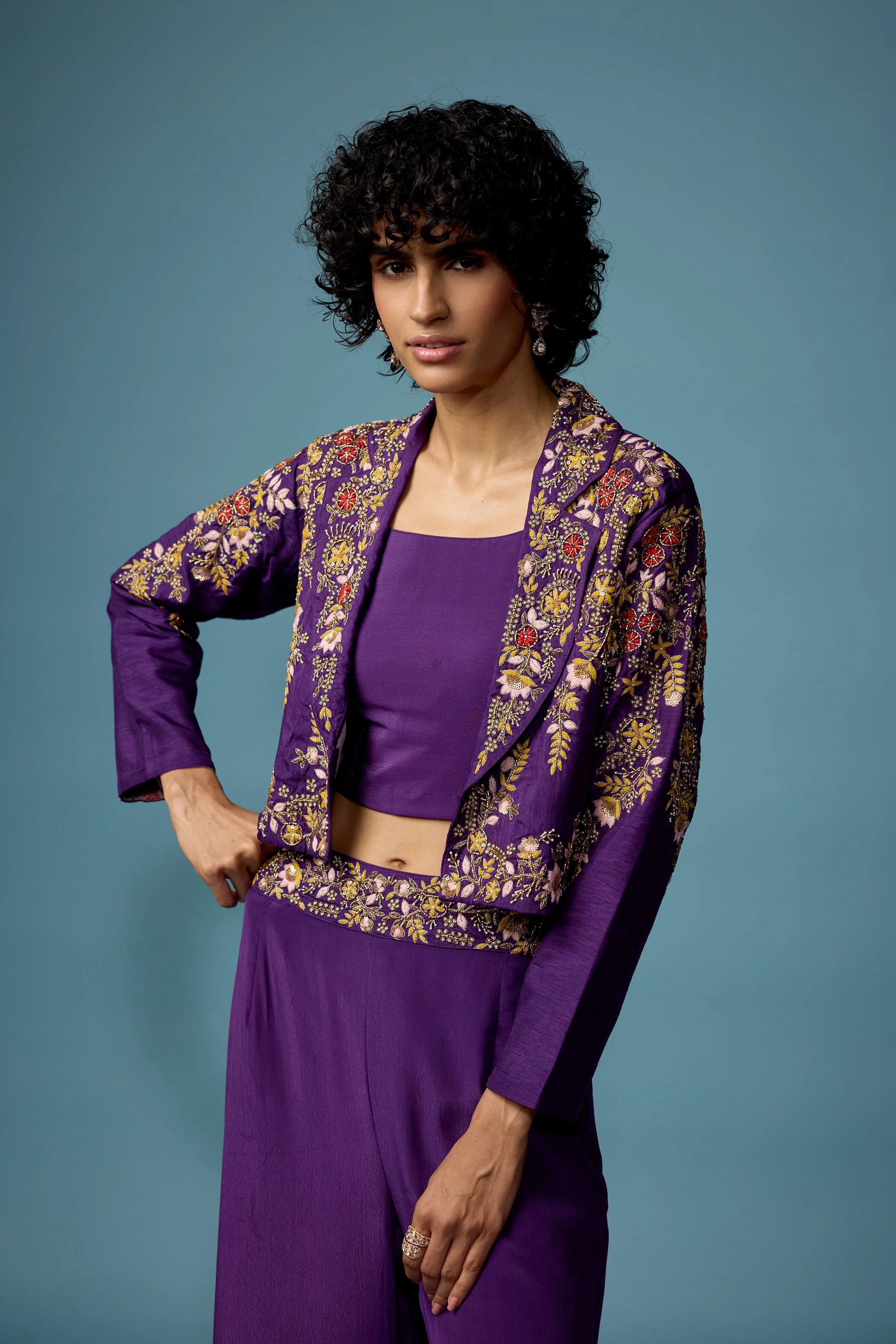 Royal Purple Embellished Raw Silk Co-Ord Set - Image 2